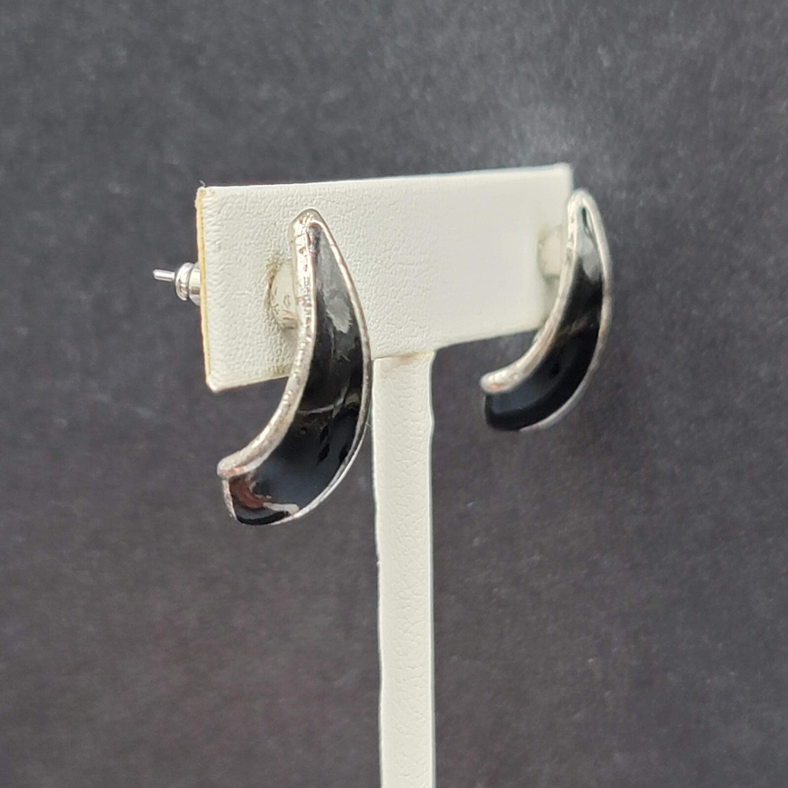 Vintage Pierced Earrings Black Enamel Drop Silver tone 1"