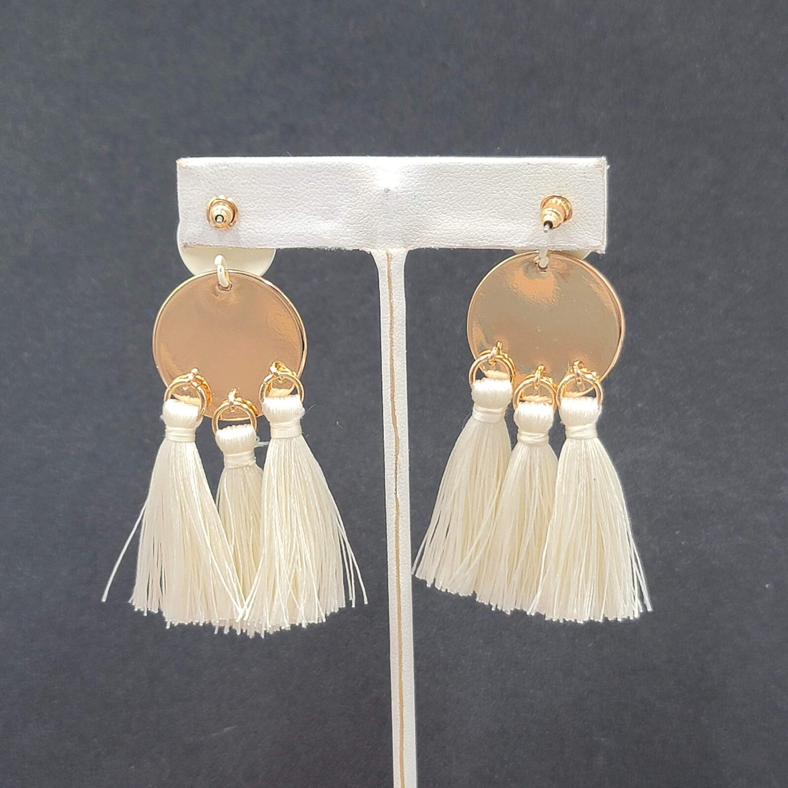 Pierced Earrings Brushed Gold tone White Tassel String Dangle 2.5"