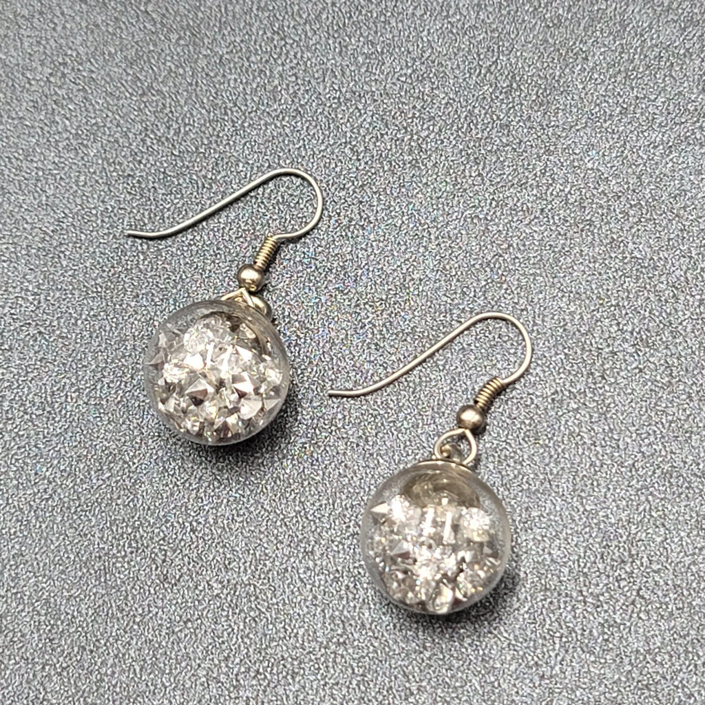 Pierced Earrings Silver tone Loose Silver Rhinestones Filled Sphere Dangle 3/4"