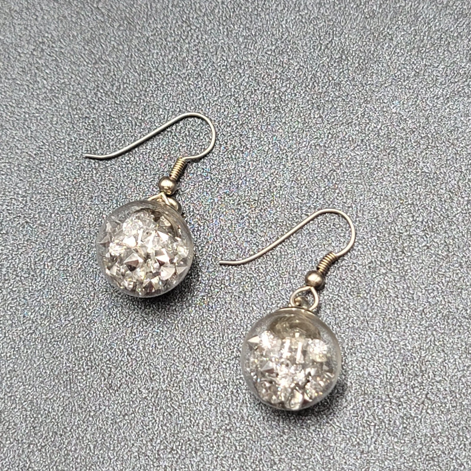 Pierced Earrings Silver tone Loose Silver Rhinestones Filled Sphere Dangle 3/4"