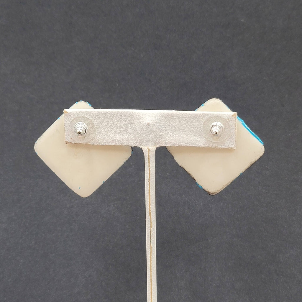 Vintage Pierced Earrings Acrylic Black Blue Enamel Statement Square Drop 1 1/8"