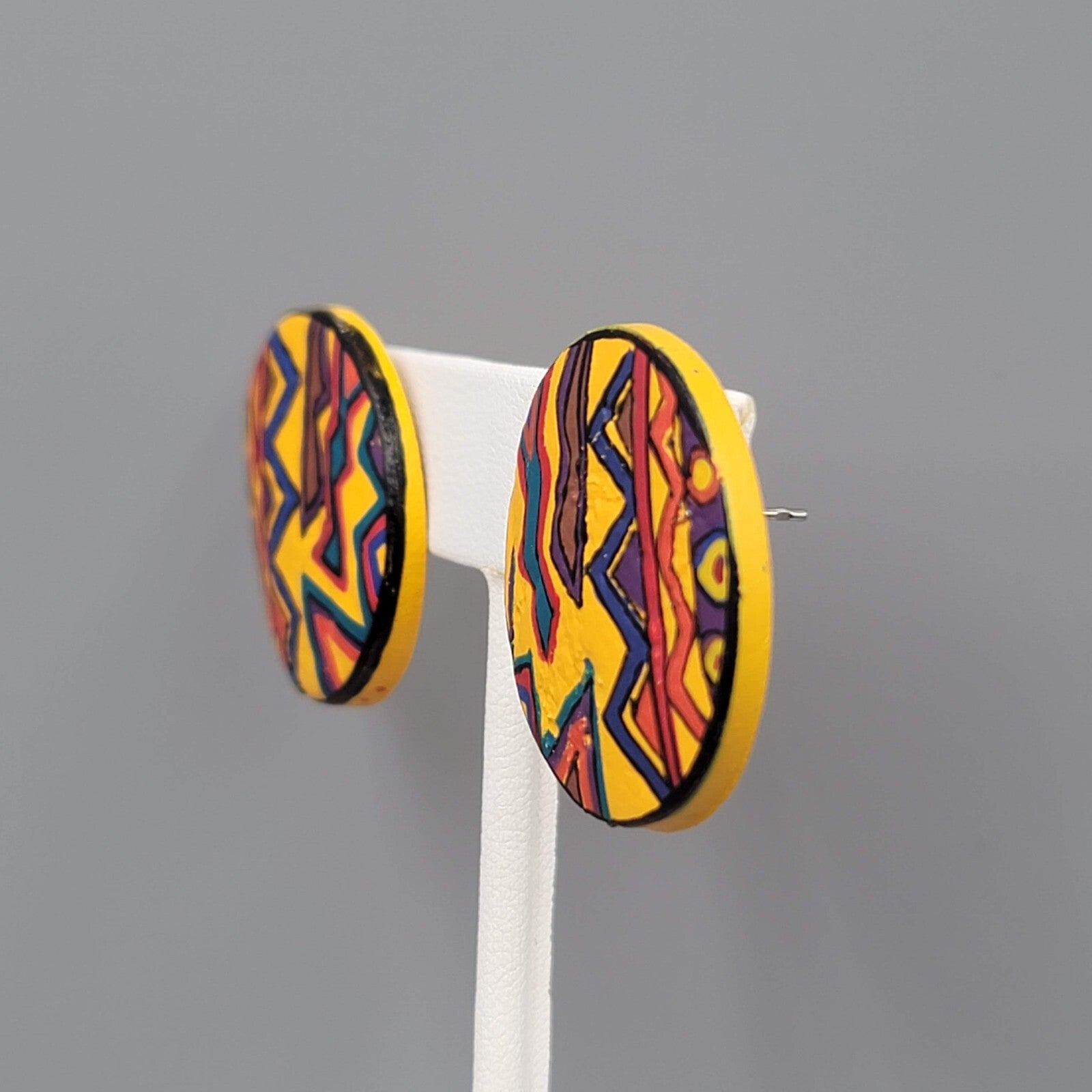 Vintage Pierced Earrings Hand Painted Multicolor Round Drop 1 1/8"