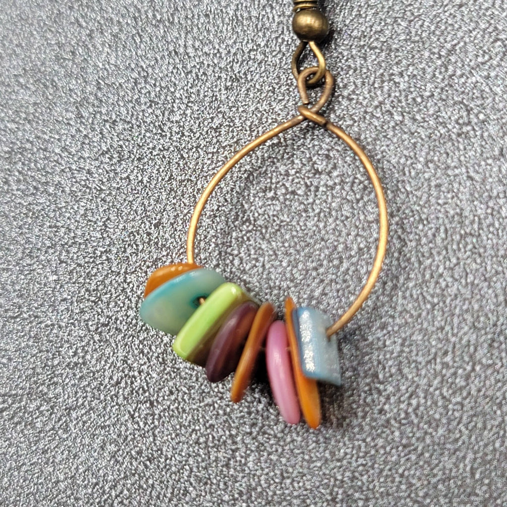Pierced Earrings Multicolor Shell Beads Dangle Hoops 1 1/8"