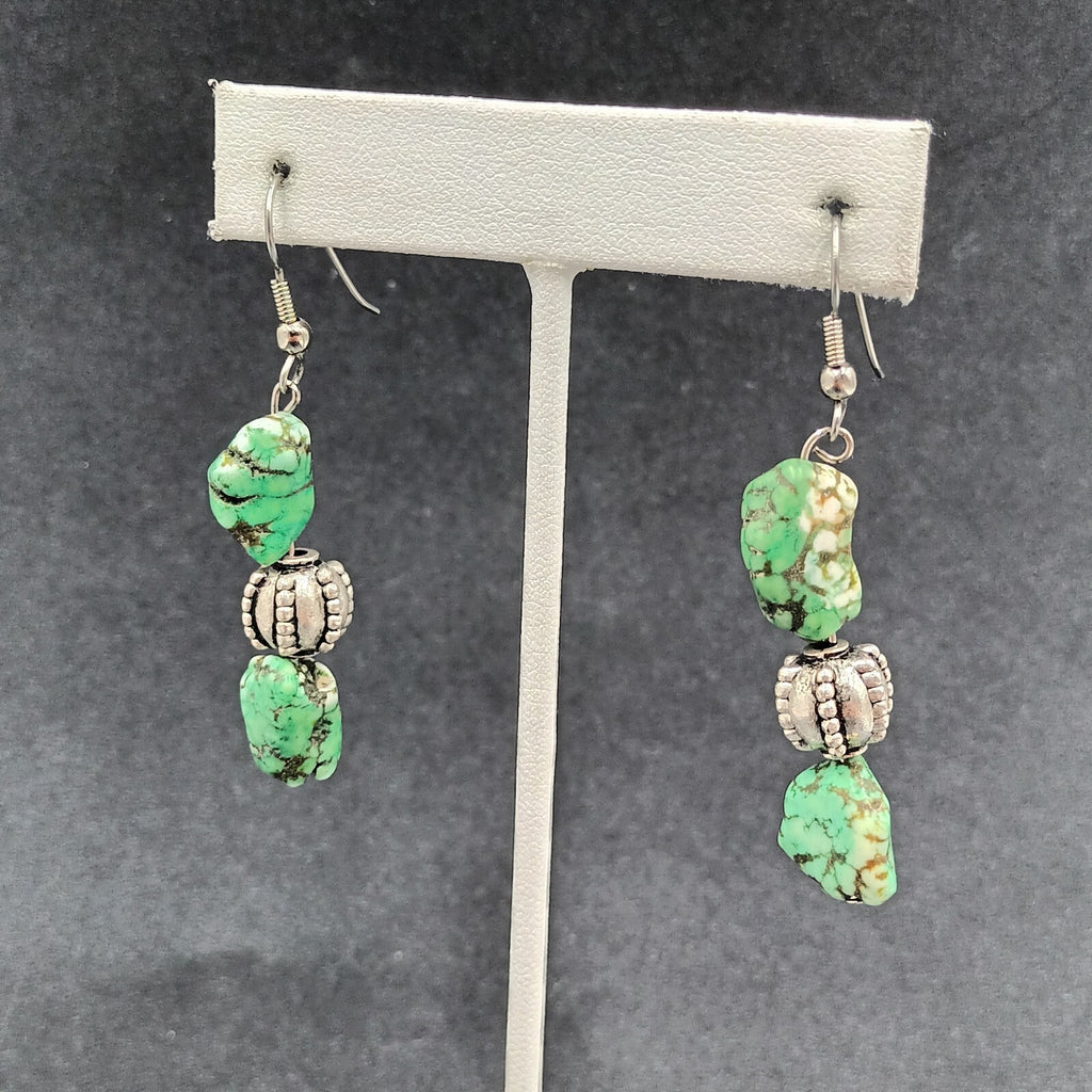 Pierced Earrings Silver tone Green Howlite Stone Beaded Statement Dangle 1 3/4"