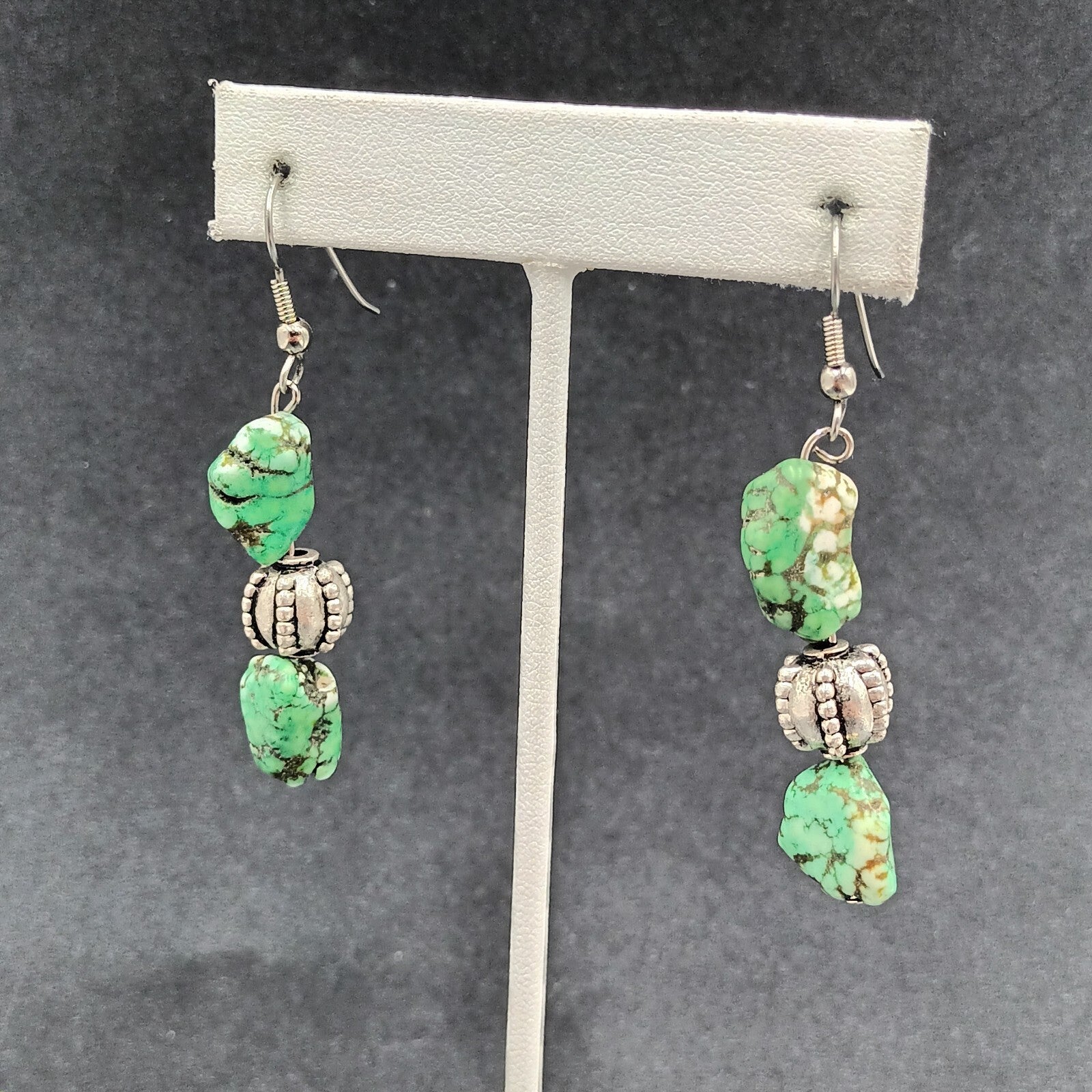 Pierced Earrings Silver tone Green Howlite Stone Beaded Statement Dangle 1 3/4"
