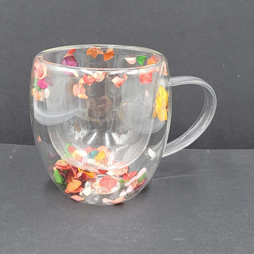 Double Wall Glass Coffee Mug with Multicolor Floating Leaves