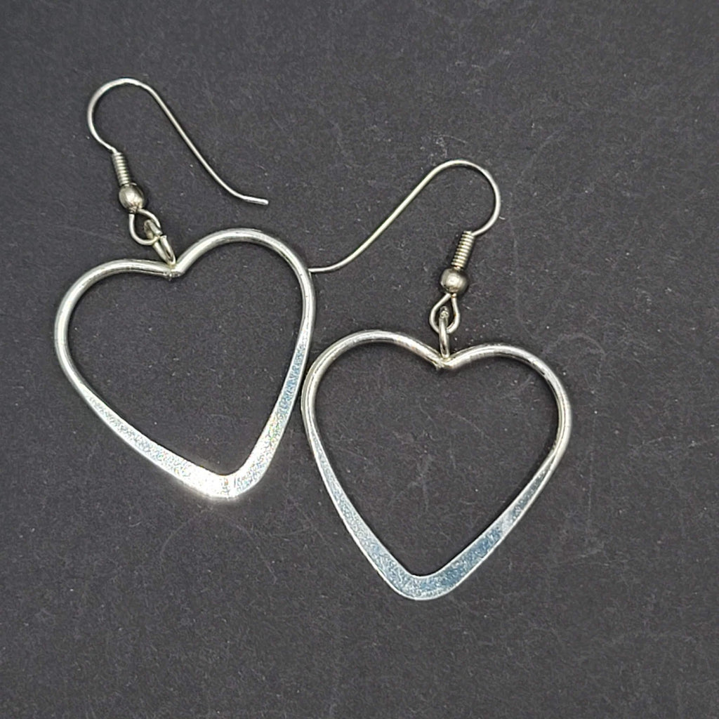 Open Heart Wire Pierced Earrings Silver tone Dangle 1.25"