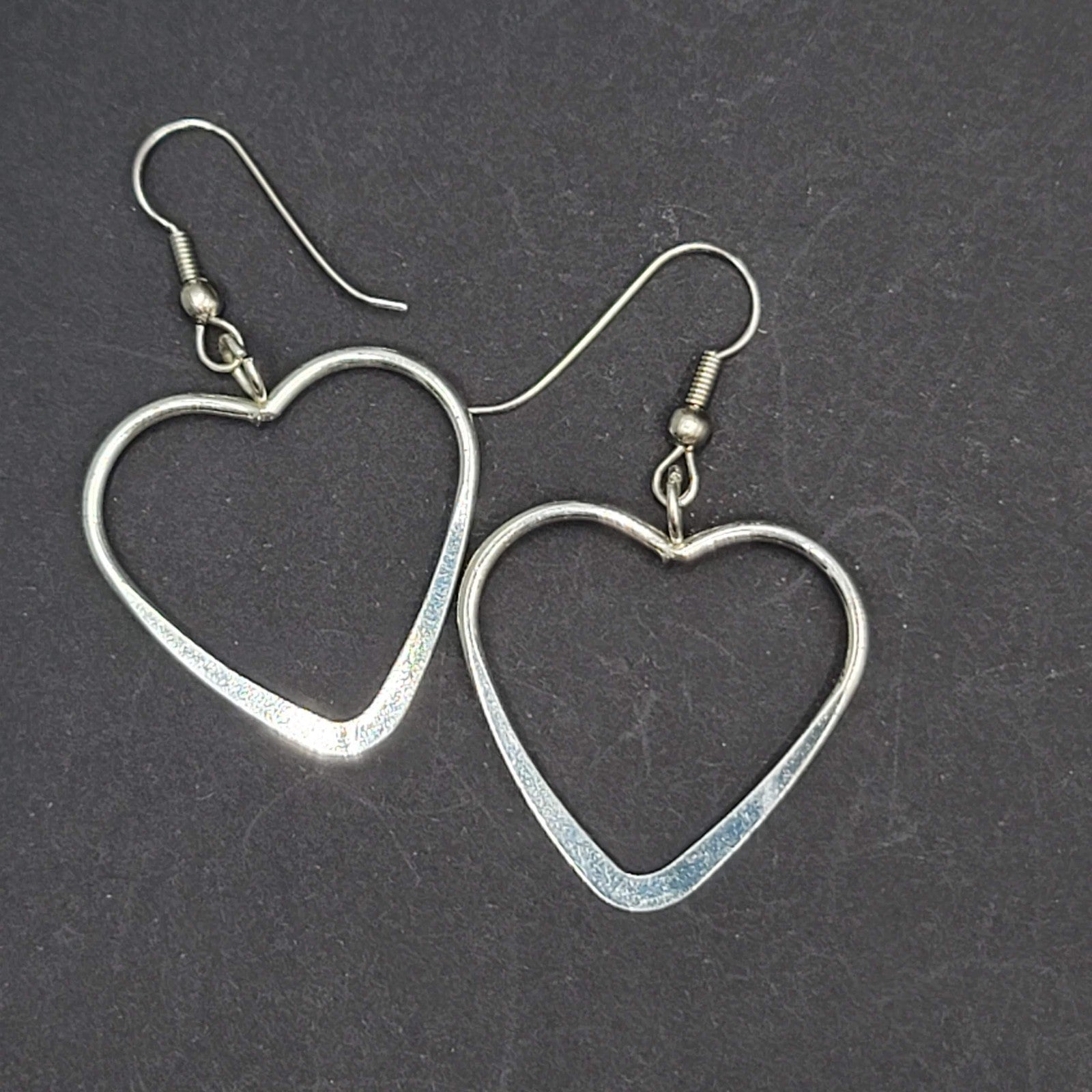 Open Heart Wire Pierced Earrings Silver tone Dangle 1.25"