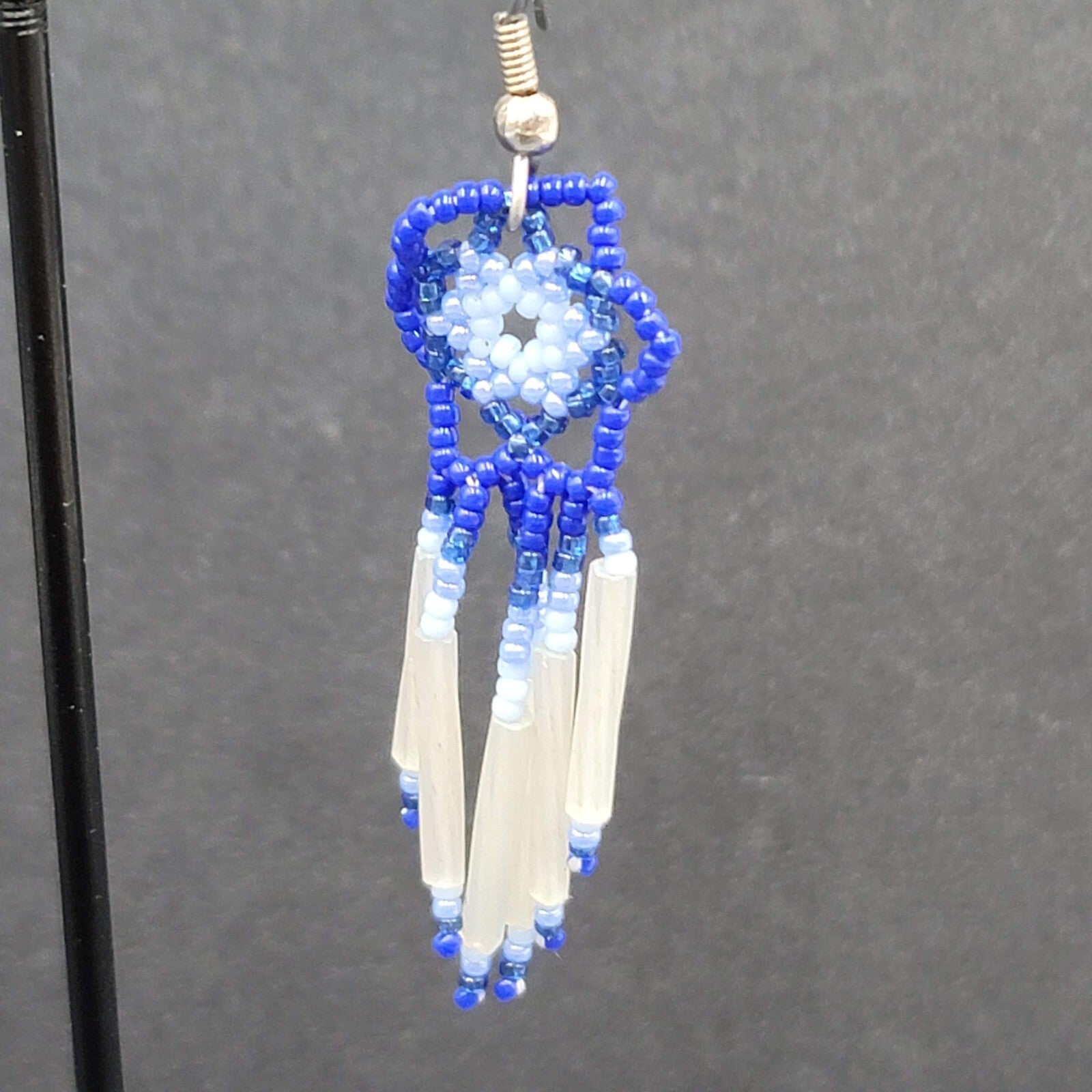 Vintage Pierced Earrings Blue White Flower Weaved Seed Beads  2"