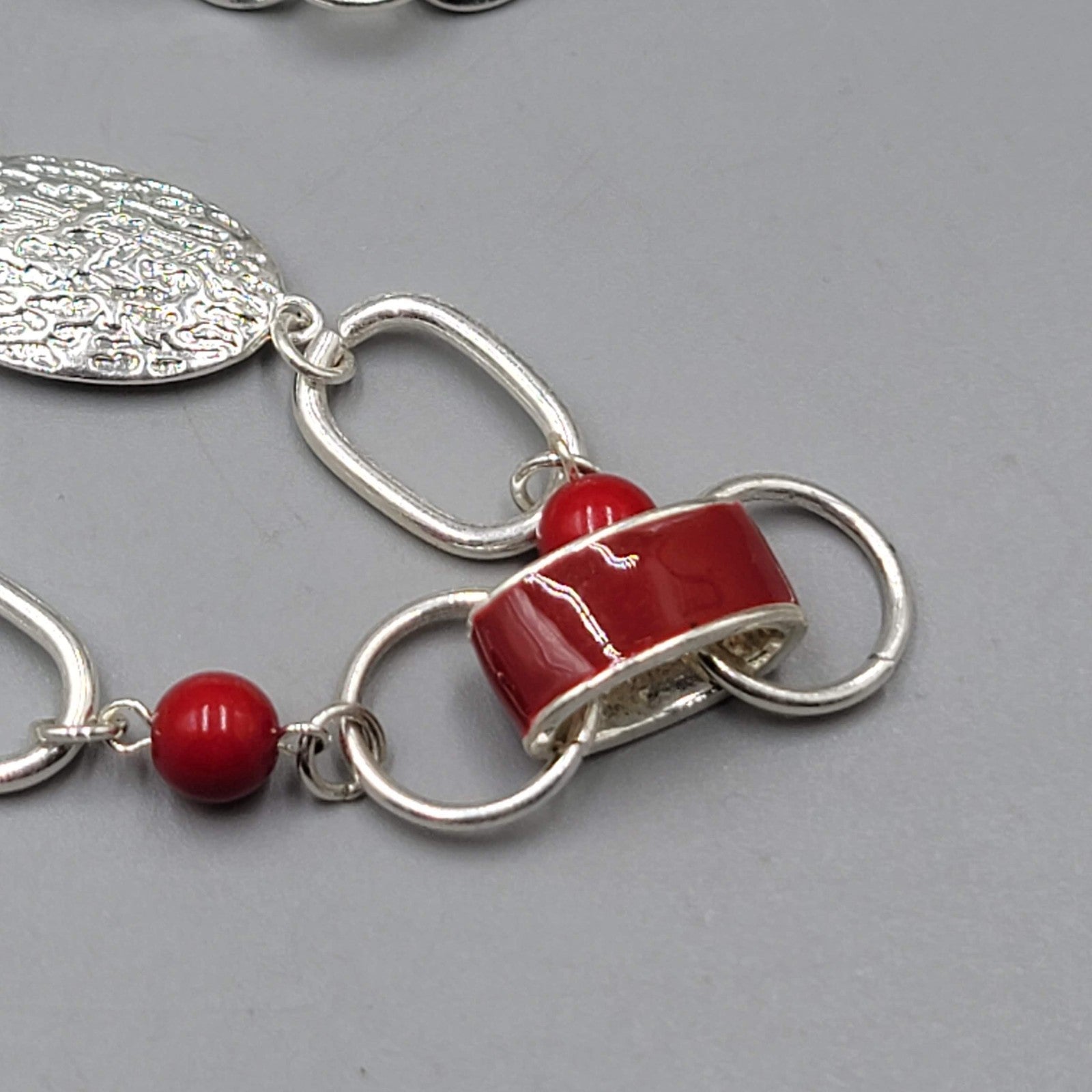 Necklace Extra Long Silver tone Red Bead Enamel Statement 42 in