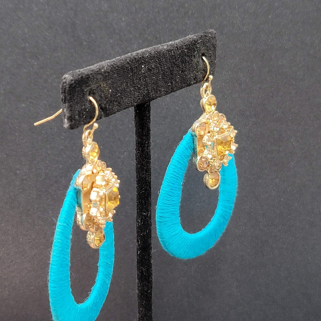 Pierced Earrings Gold tone Yellow Rhinestone Blue String Wrapped Hoops 2.25"