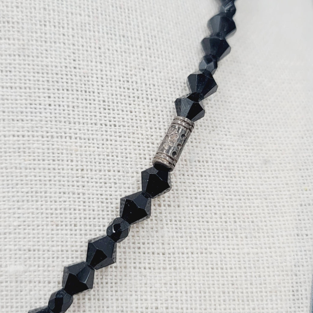 Vintage Necklace Black Rivoli Glass Beaded 16"