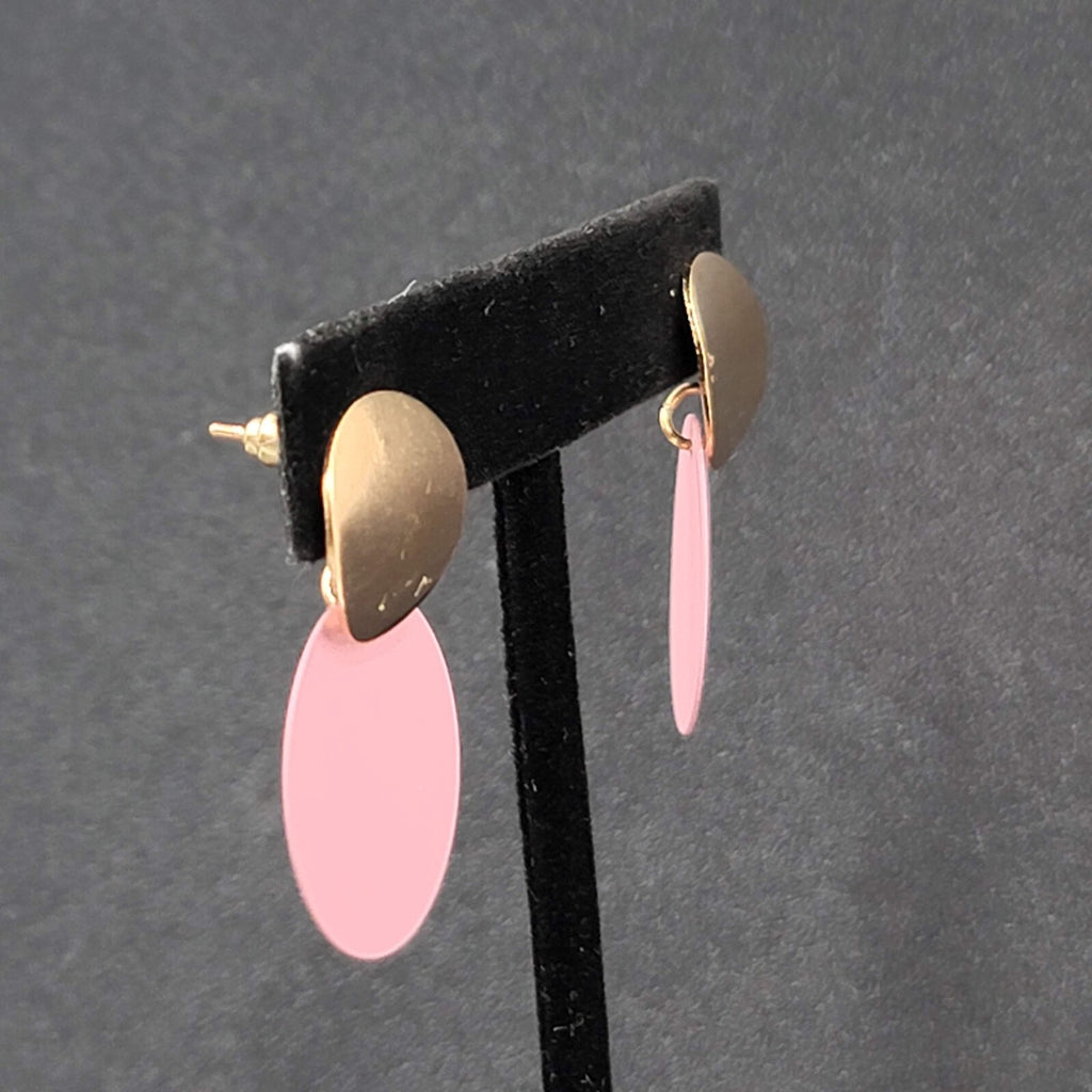 Pierced Earrings Mauve Pink Enamel Gold tone Double Discs Dangle 1 3/8"