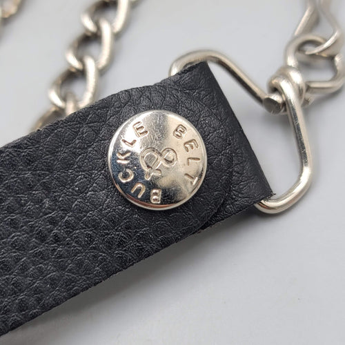 Belt & Buckle Wallet Chain Black Leather Silver tone 12"