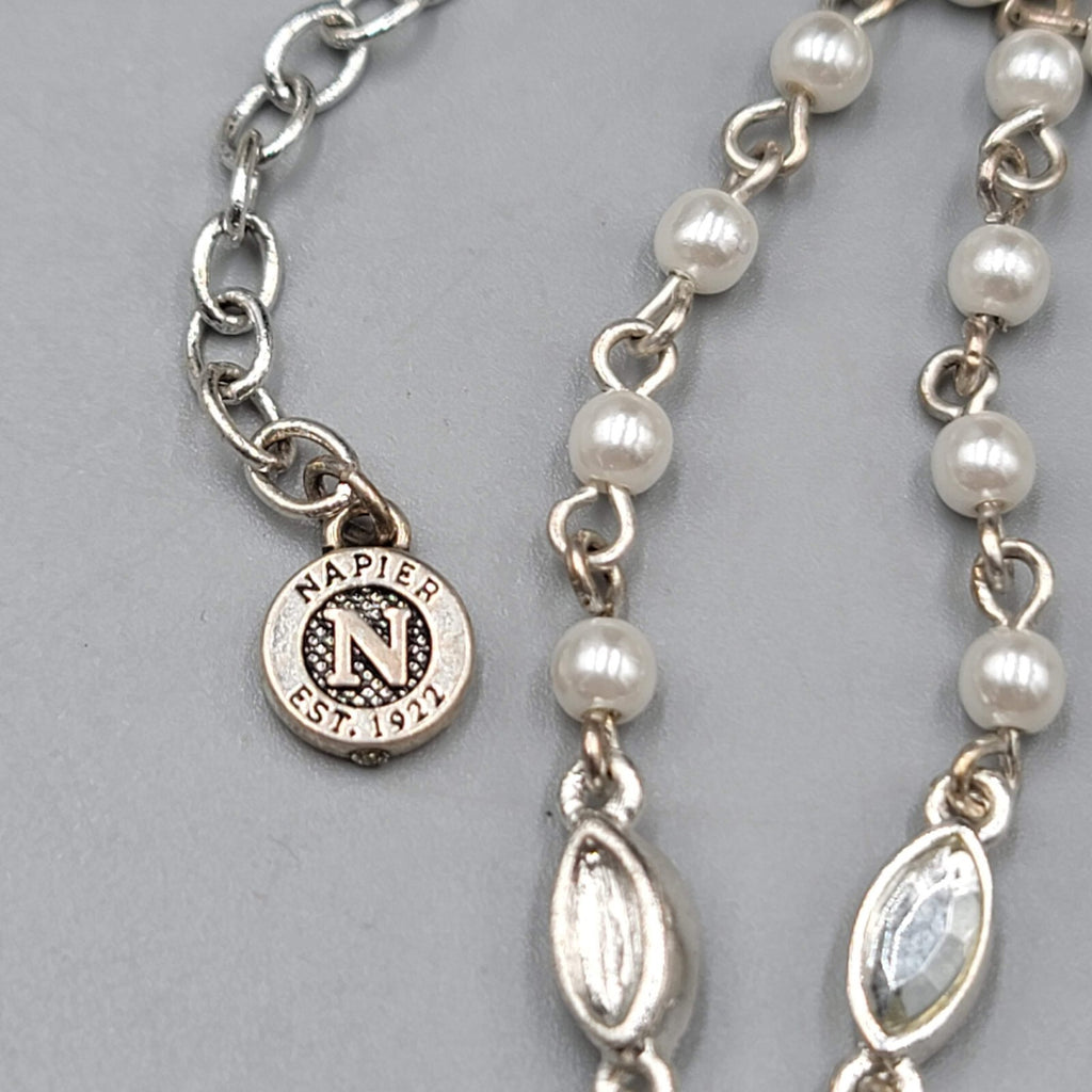 Napier Y Drop Necklace White Bead Silver tone 18"