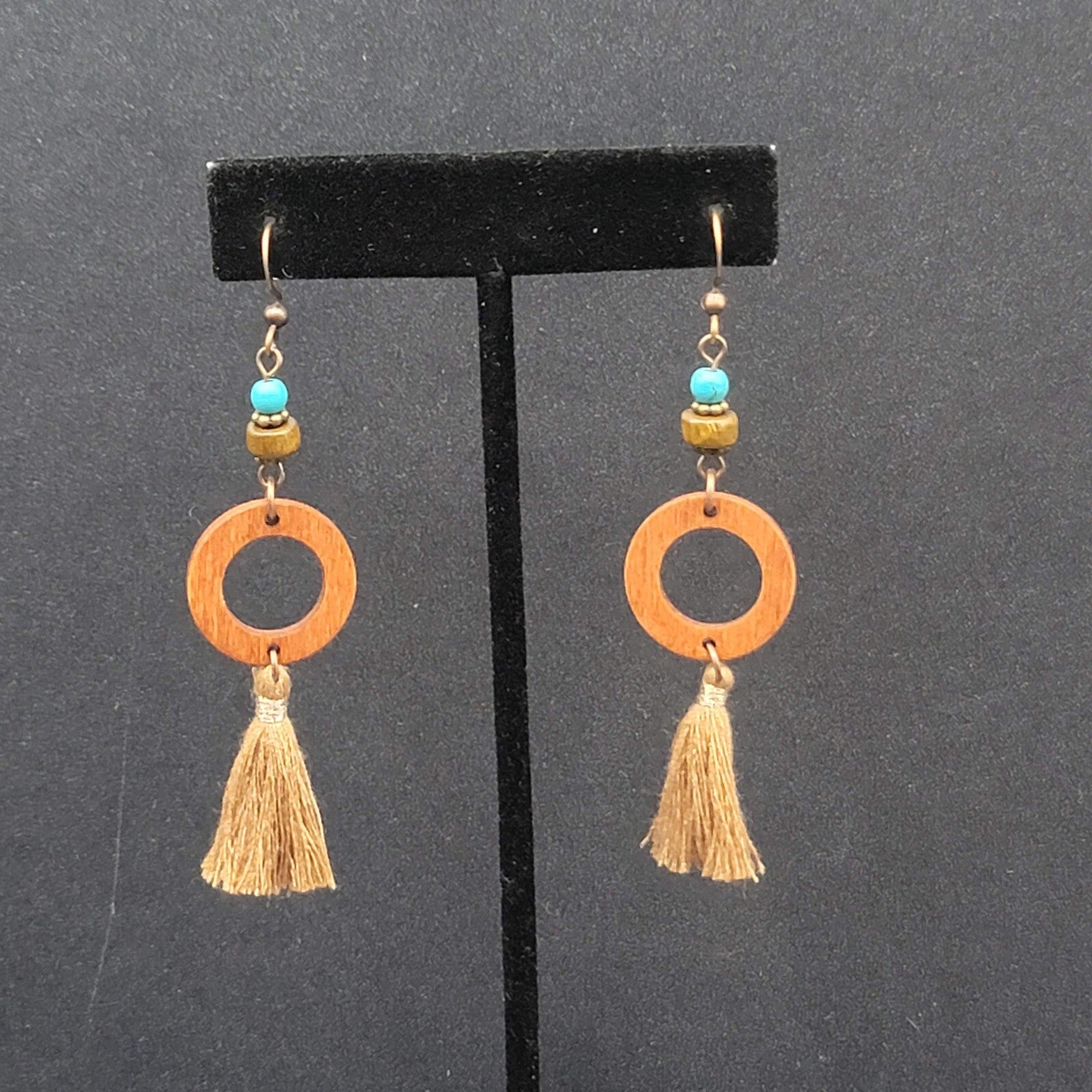 New Boho Pierced Earrings Wood Ring Beaded Gold String Tassel 2.5"