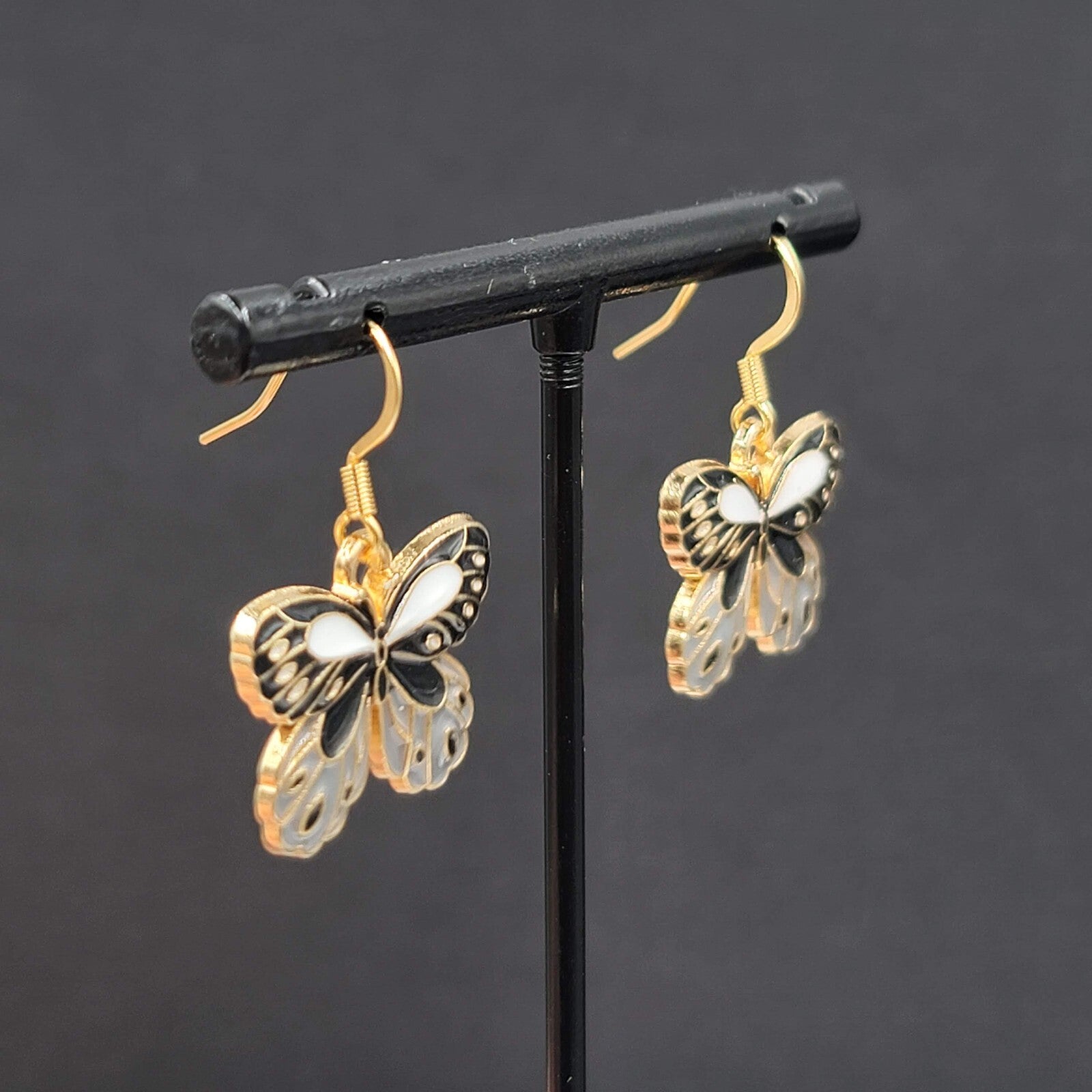 Black Gray Moth Enamel Pierced Earrings Gold tone Dangle Butterfly 3/4"