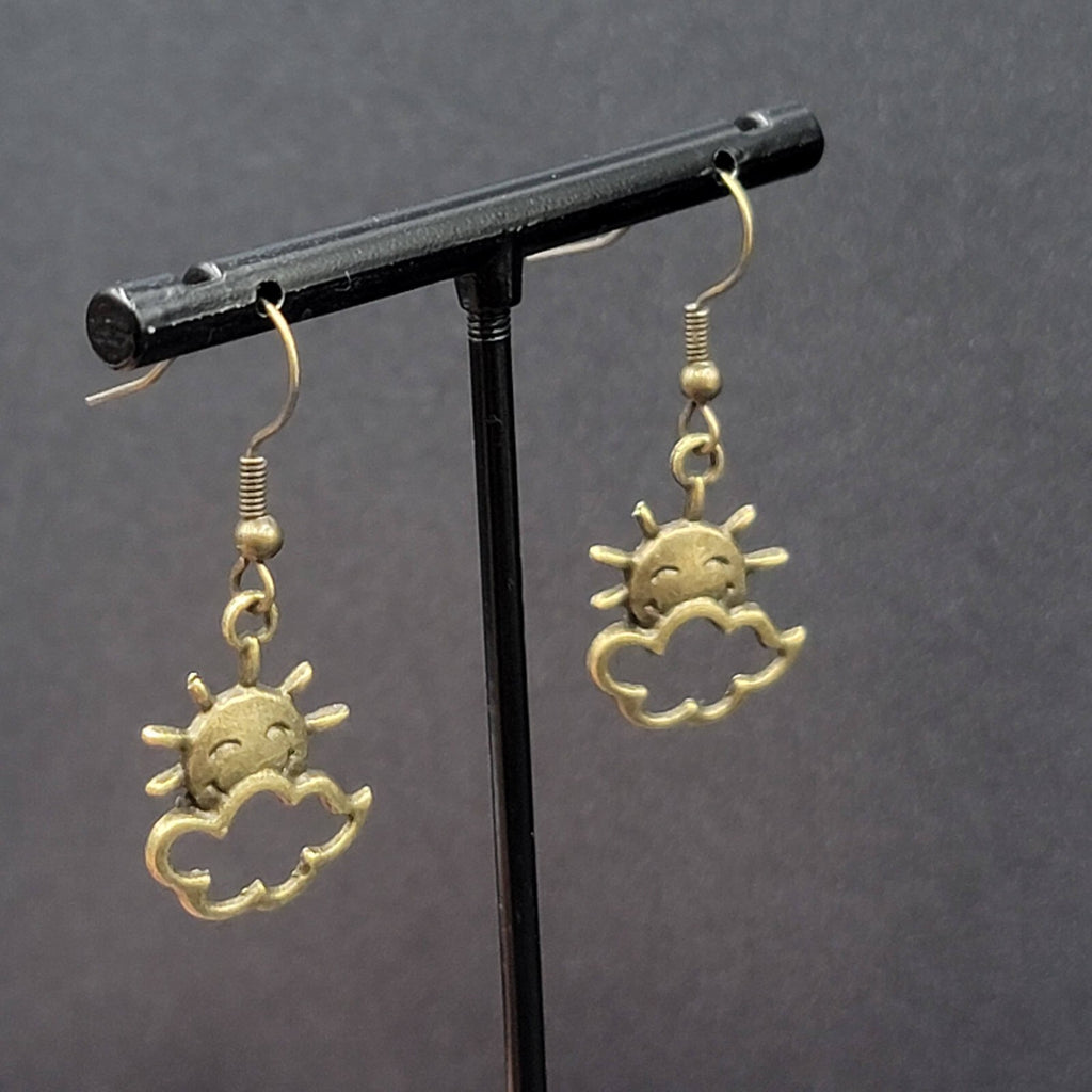 New Happy Sun Clouds Pierced Earrings Bronze tone Dangle 3/4"