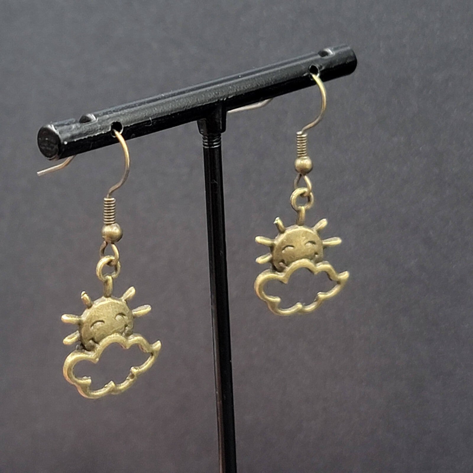 New Happy Sun Clouds Pierced Earrings Bronze tone Dangle 3/4"