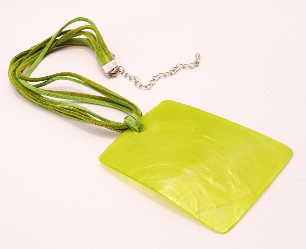 Green Leather Necklace w/ Large Shell Pendant Boho Hippie 16" - 19"