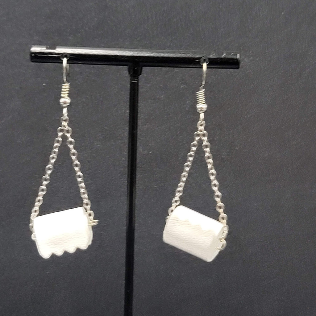 Toilet Paper Roll Pierced Earrings Silver tone Dangle Chains 1.5"