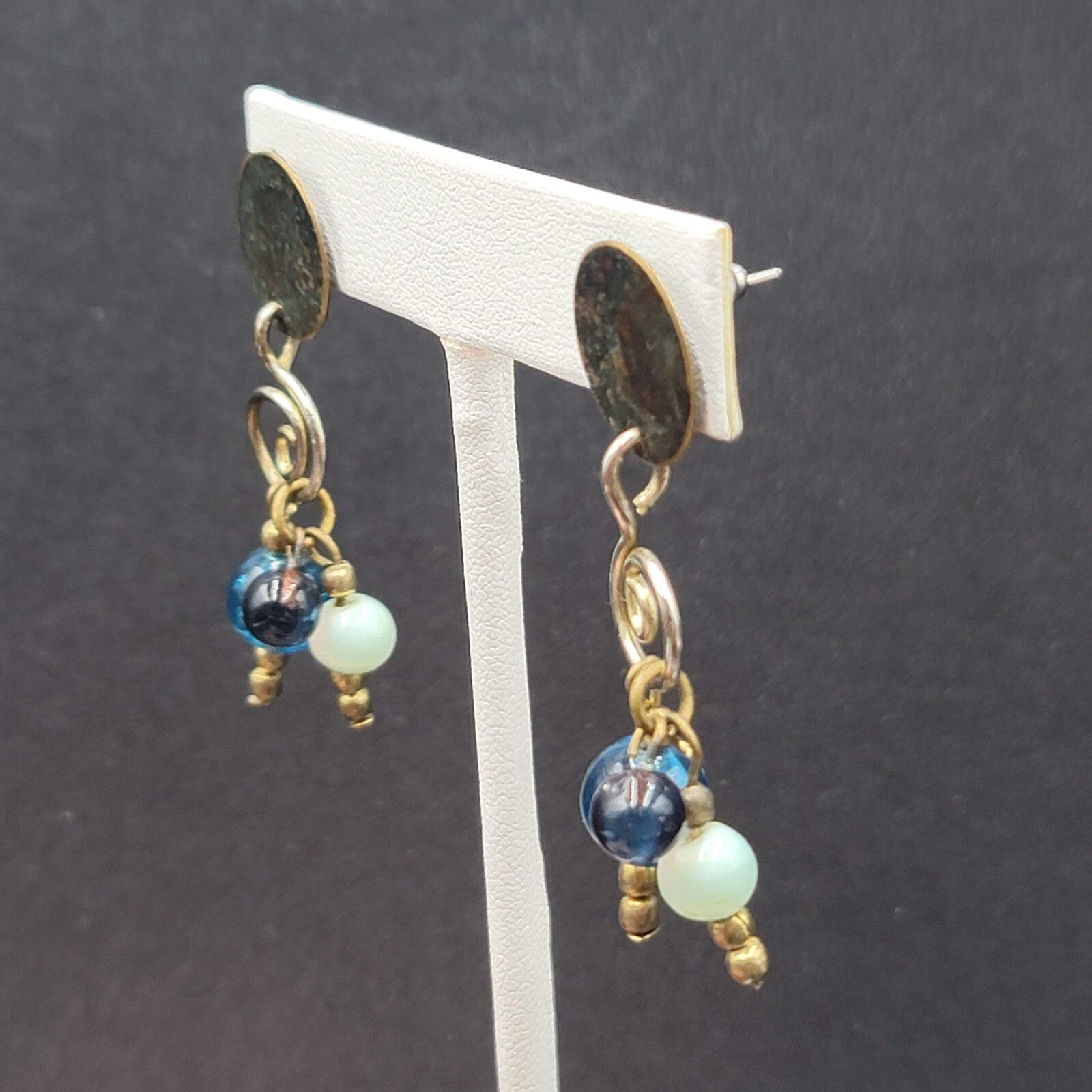 Pierced Earrings Tri tone Metals Glass Bead Modernist Dangle 1.75"