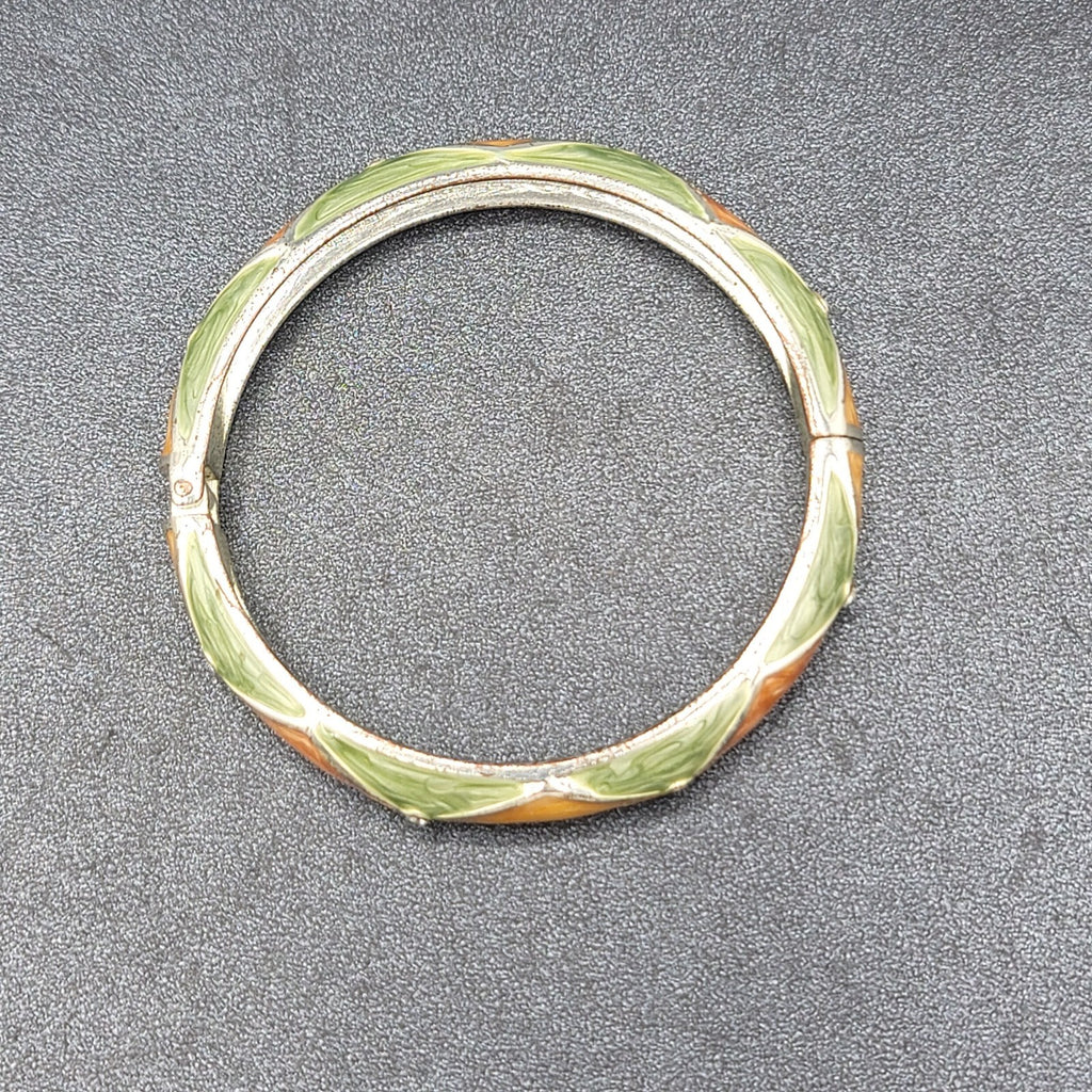 Hinged Bracelet Bangle Silver tone Crystal Green Orange Enamel