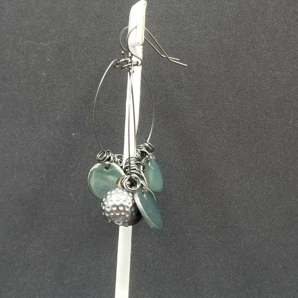 Pierced Earrings Black Wire Loop Acrylic Metal Charm Dangle 2 1/4"