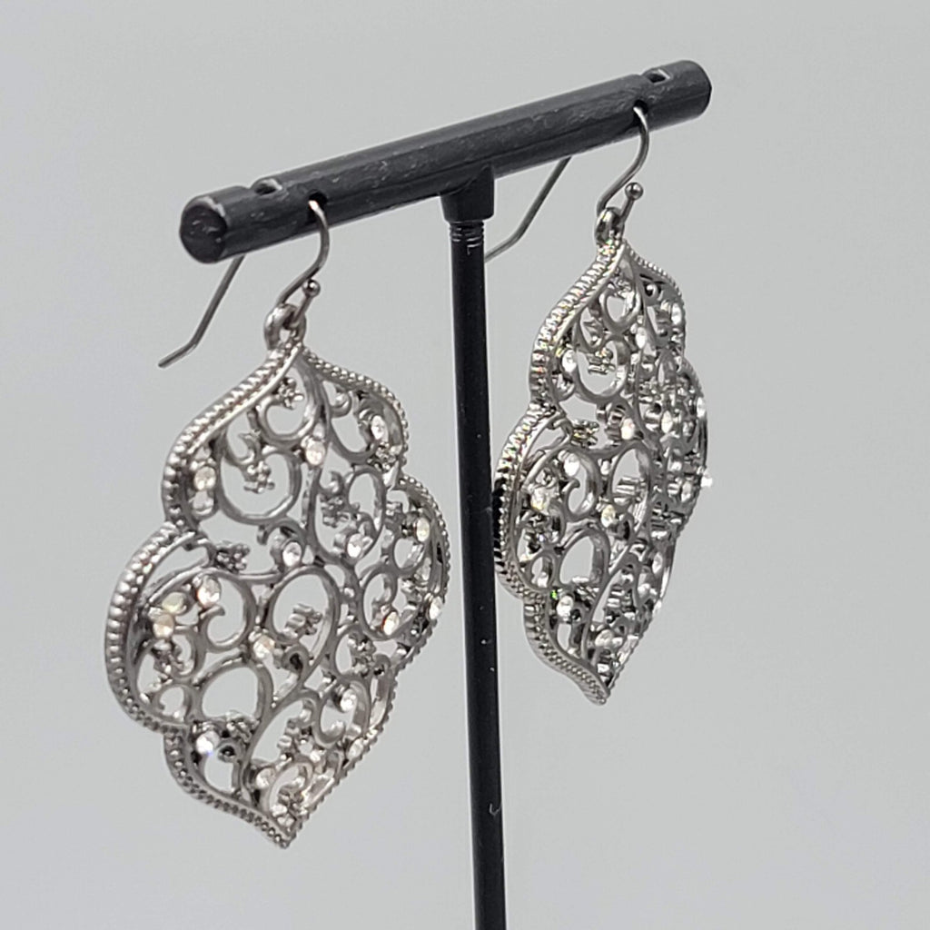 Pierced Earrings Black Metal Crystal Rhinestone Filigree Dangle 1.75"
