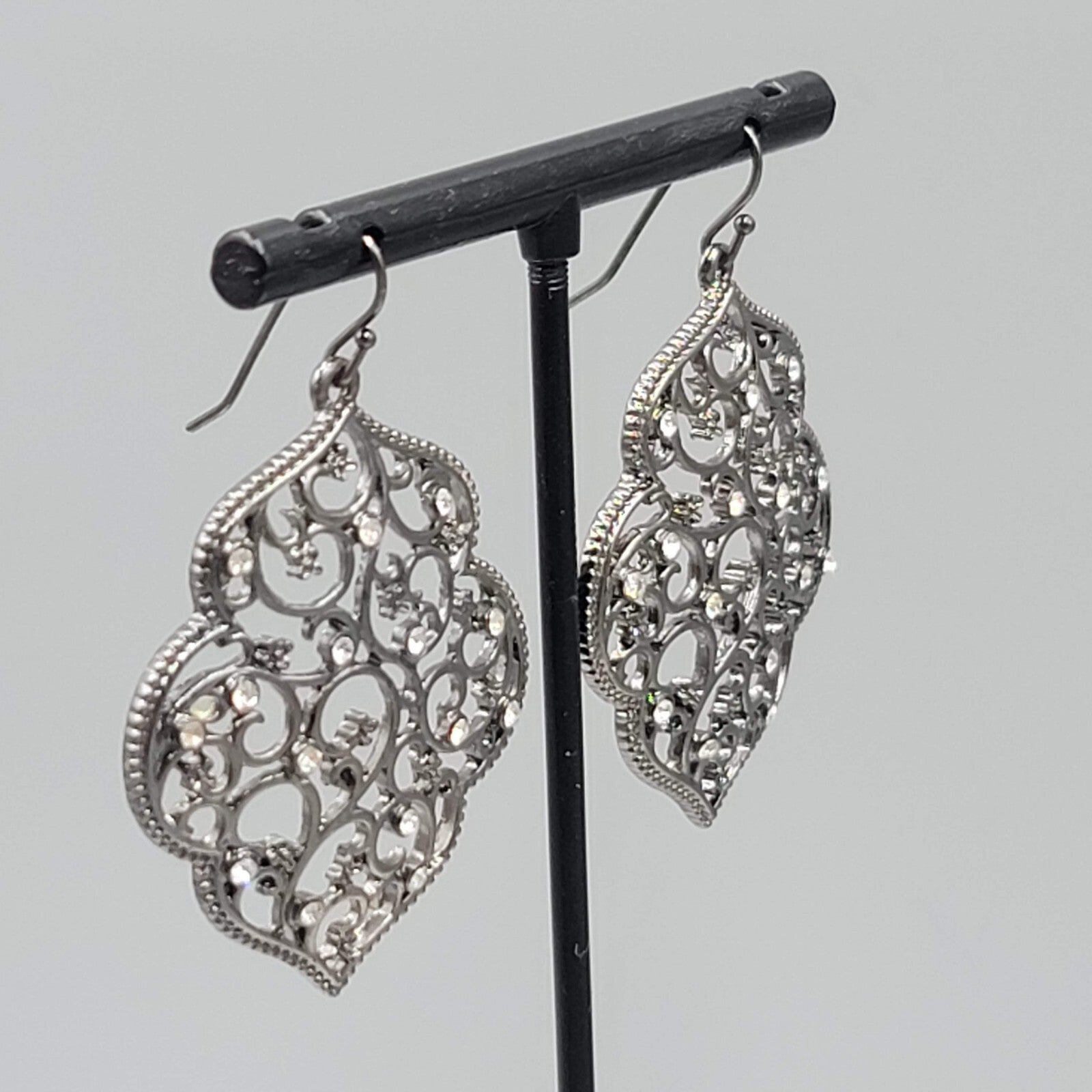 Pierced Earrings Black Metal Crystal Rhinestone Filigree Dangle 1.75"