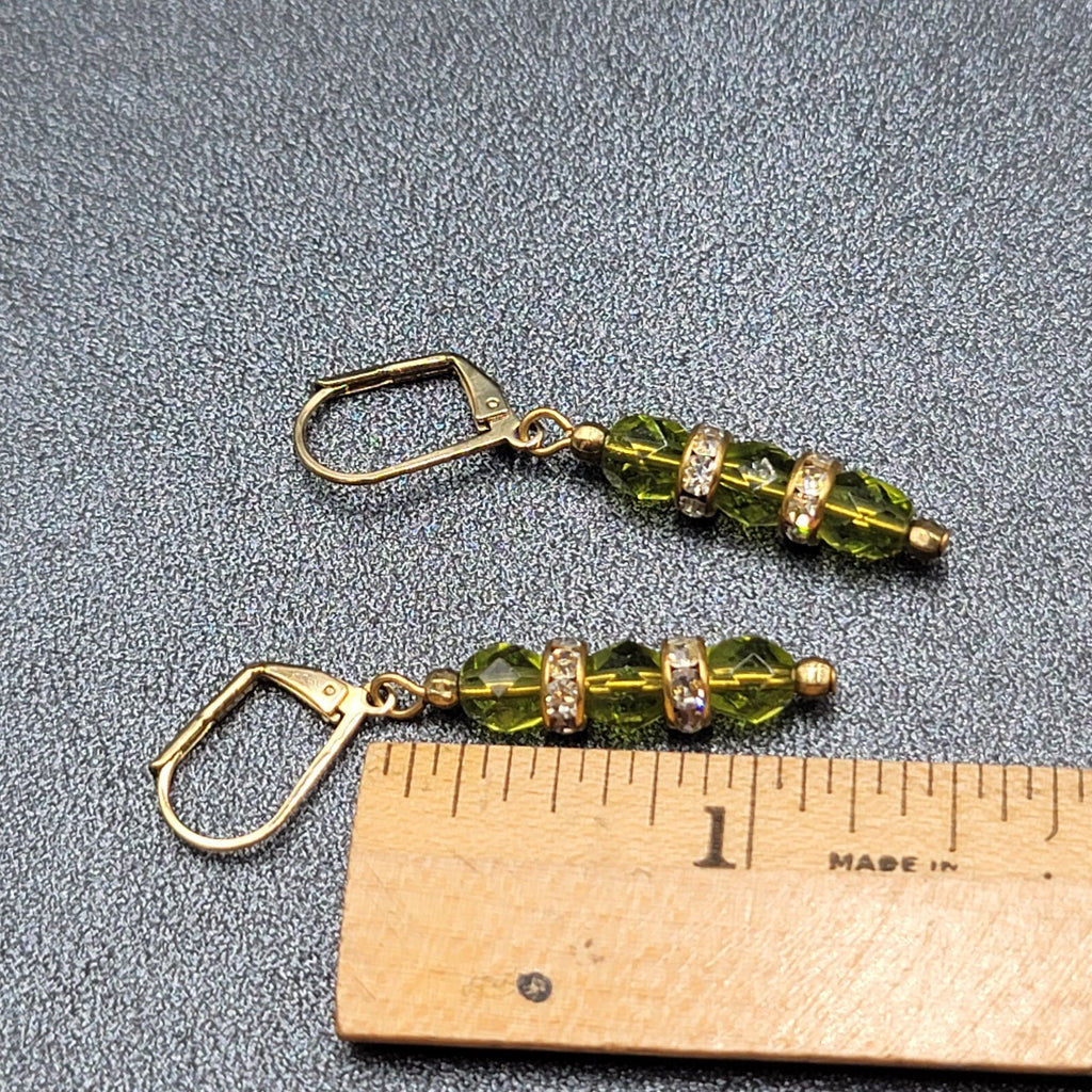 Pierced Earrings Green Faceted Bead Rhinestone Spacers Dangle 1.25"