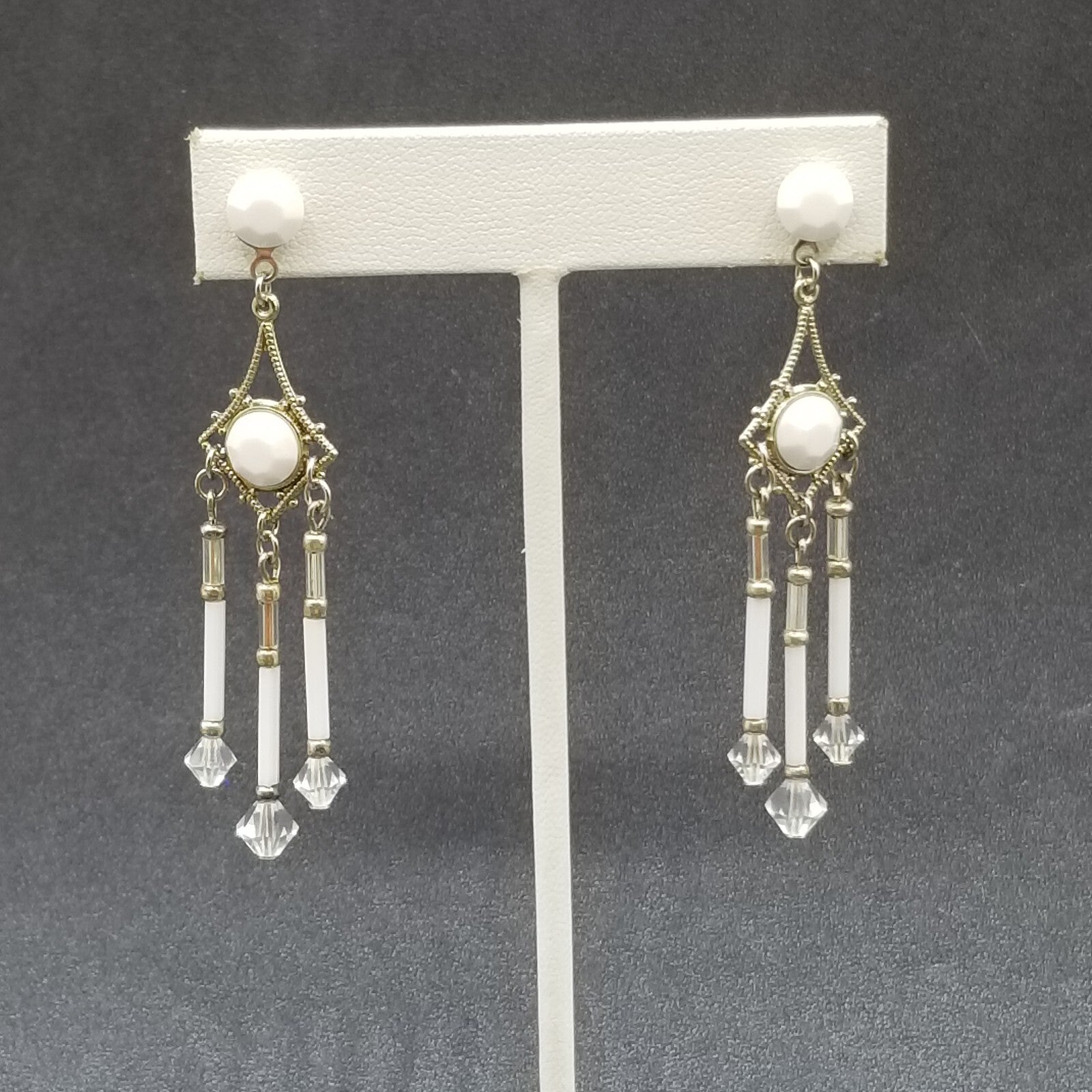 Pierced Earrings Silver tone Open Work Whited Faceted Crystal Dangle 2 1/2"