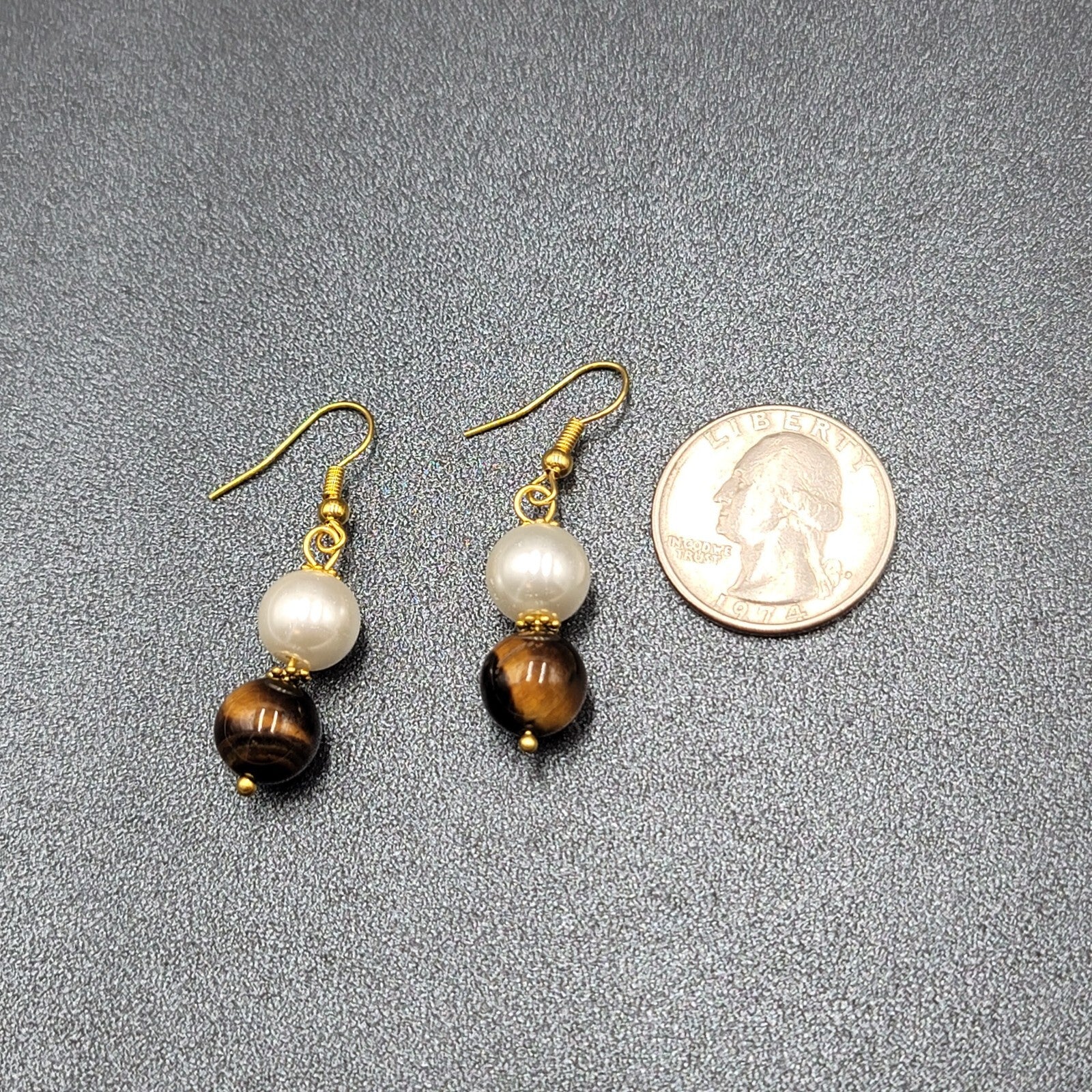 Pierced Earrings Tigers Eye Stone Faux Pearl Bead Dangle 1 1/8"