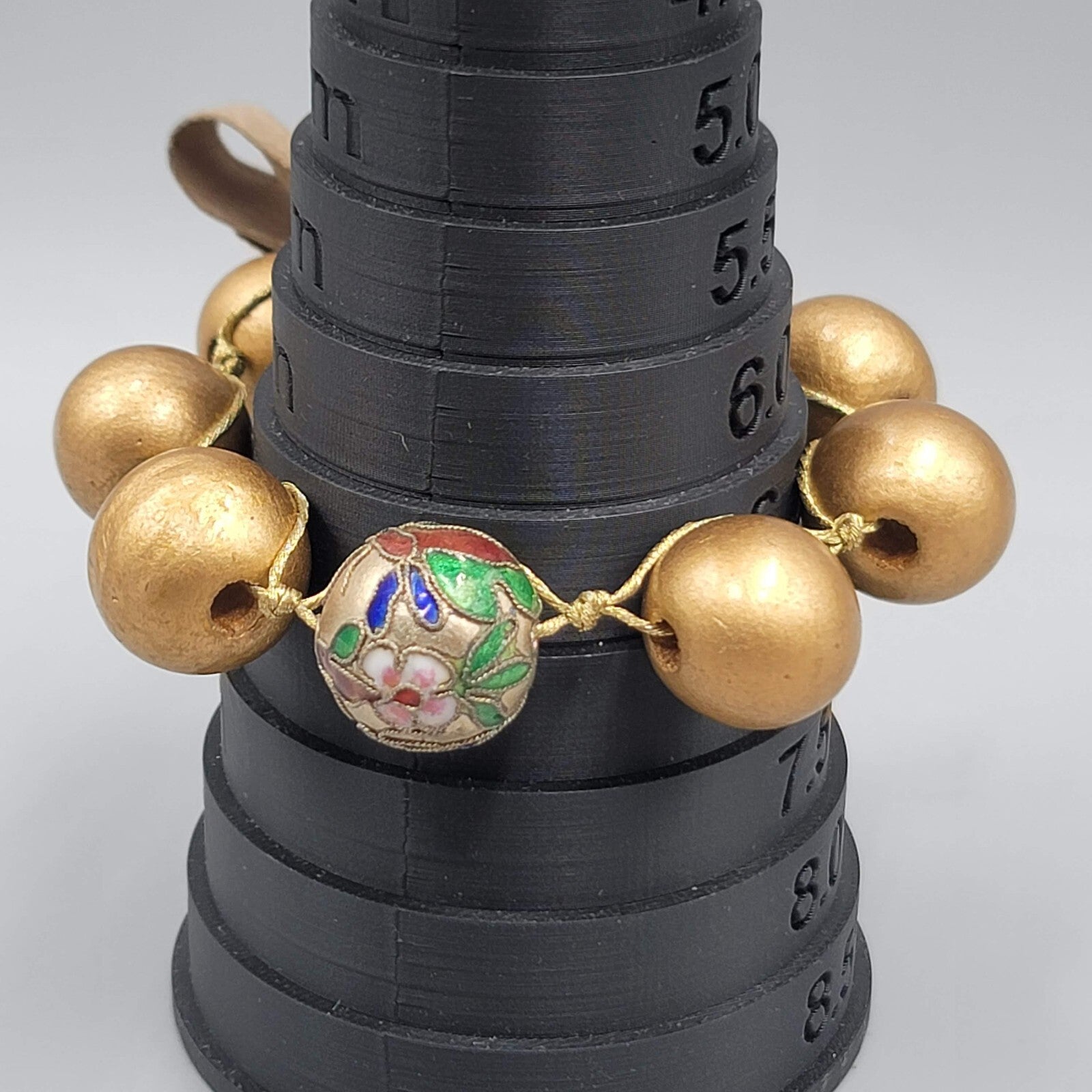 Vintage Cloisonne Bead Bracelet Wood Bead 6.5"