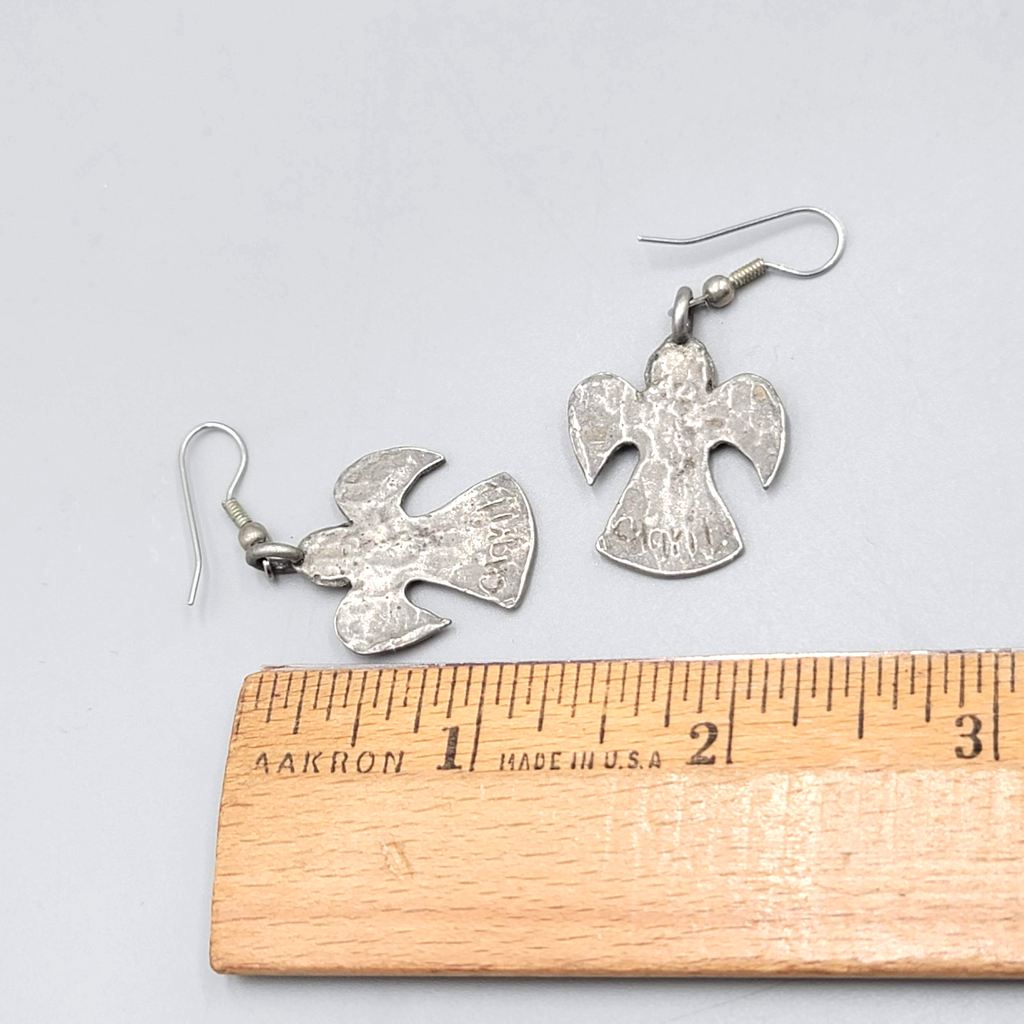 Vintage Angel Heart Pierced Earrings Pewter Silver tone Dangle  1.25 in