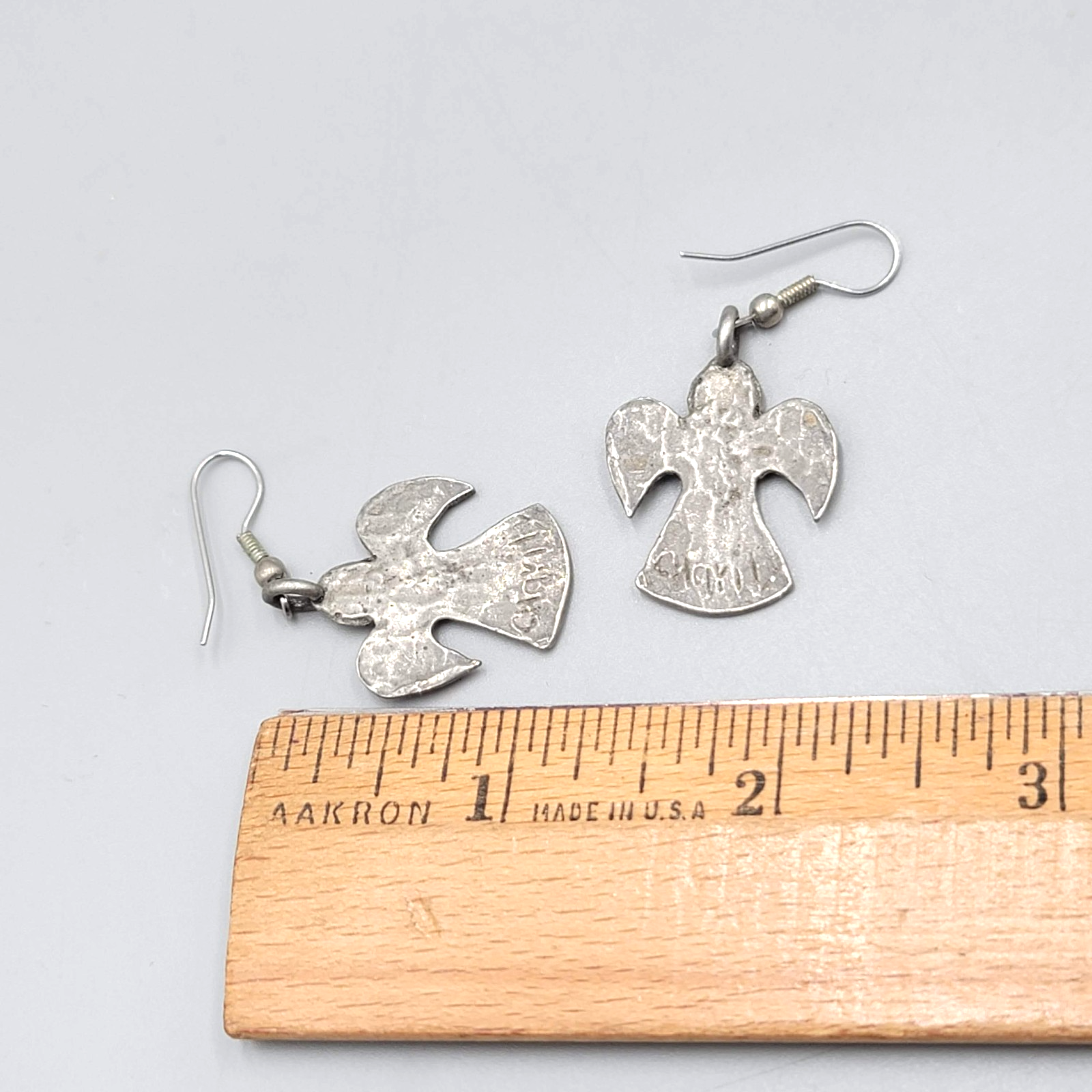 Vintage Angel Heart Pierced Earrings Pewter Silver tone Dangle  1.25 in