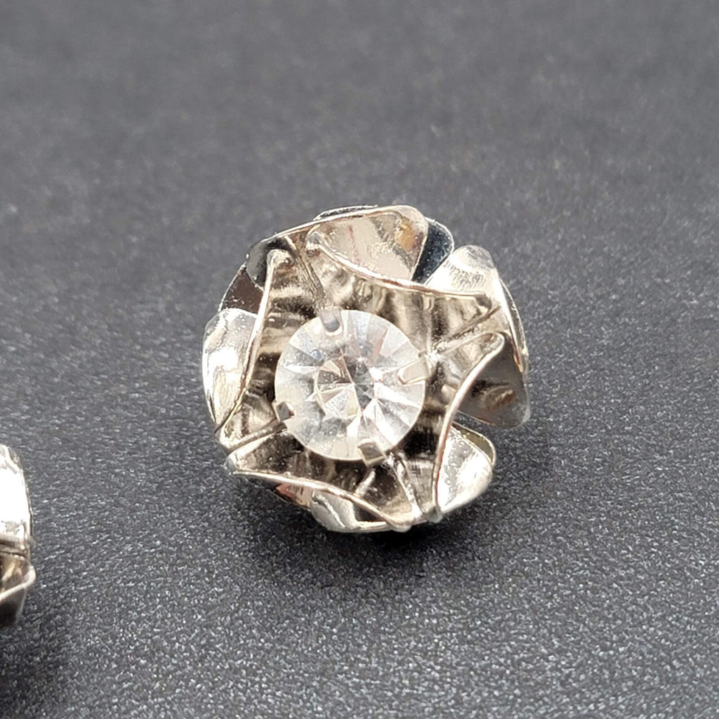 Pierced Earrings Silver tone Rhinestones Flower 3D Studs  3/4"