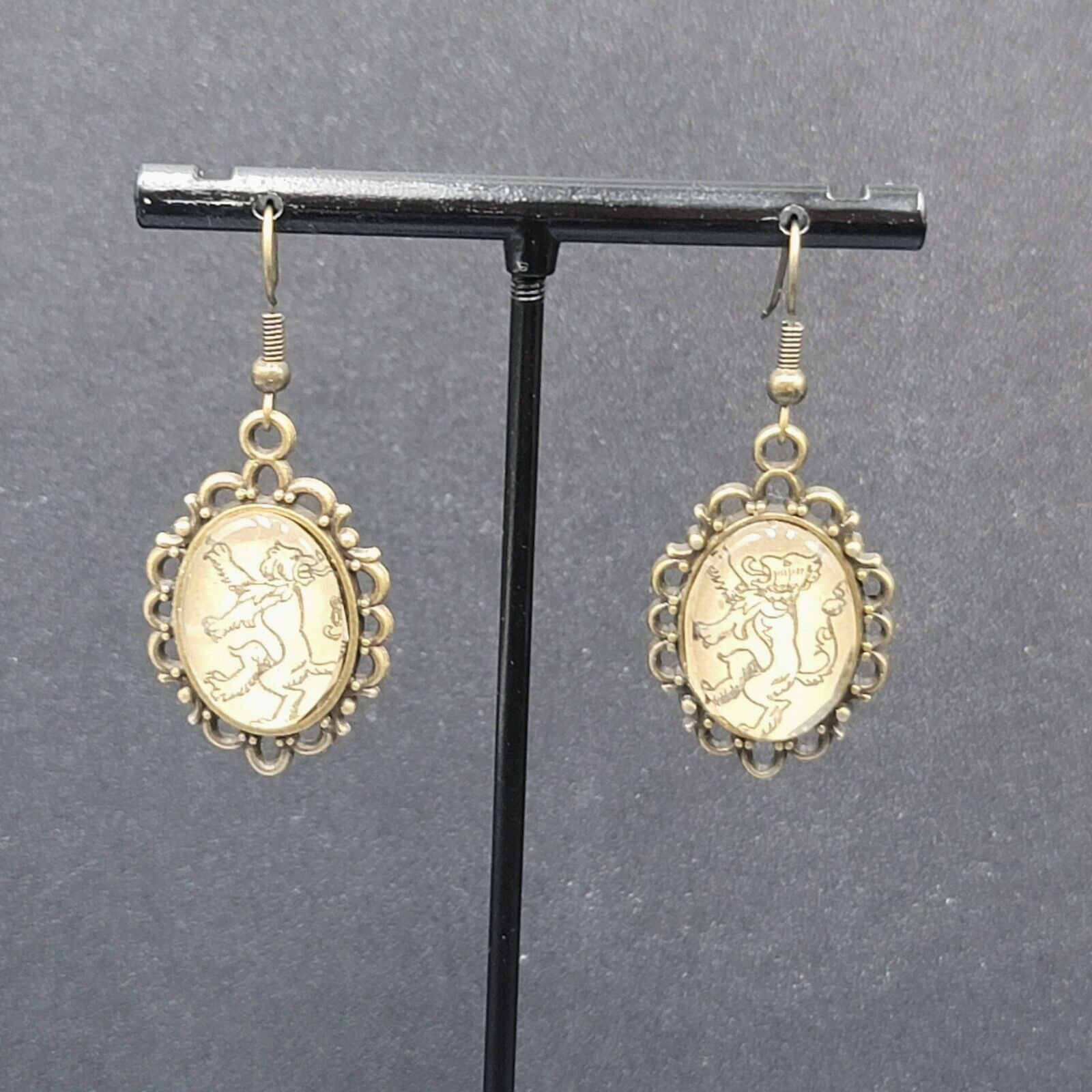 Lions Pierced Earrings Bronze tone Glass Cabochon Dangle 1.25"