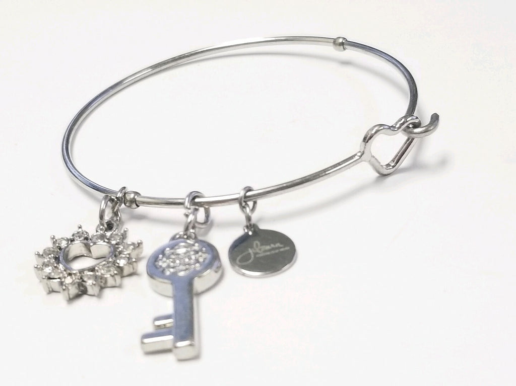 Signed Jilzara Heart Key Silver toned Bangle Charm Bracelet 