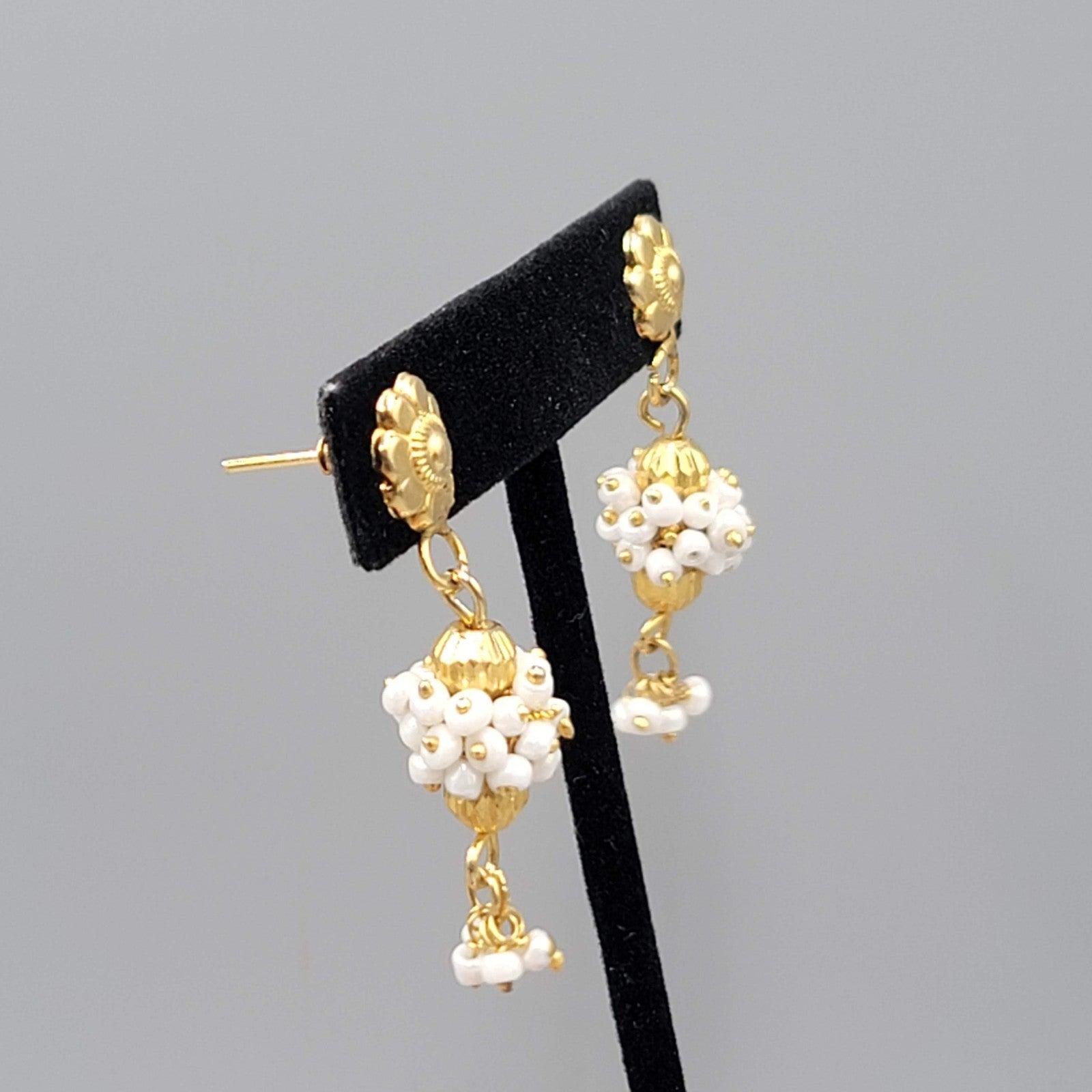 India Gold Plated Pierced Earrings White Bead Dangle 1.5"