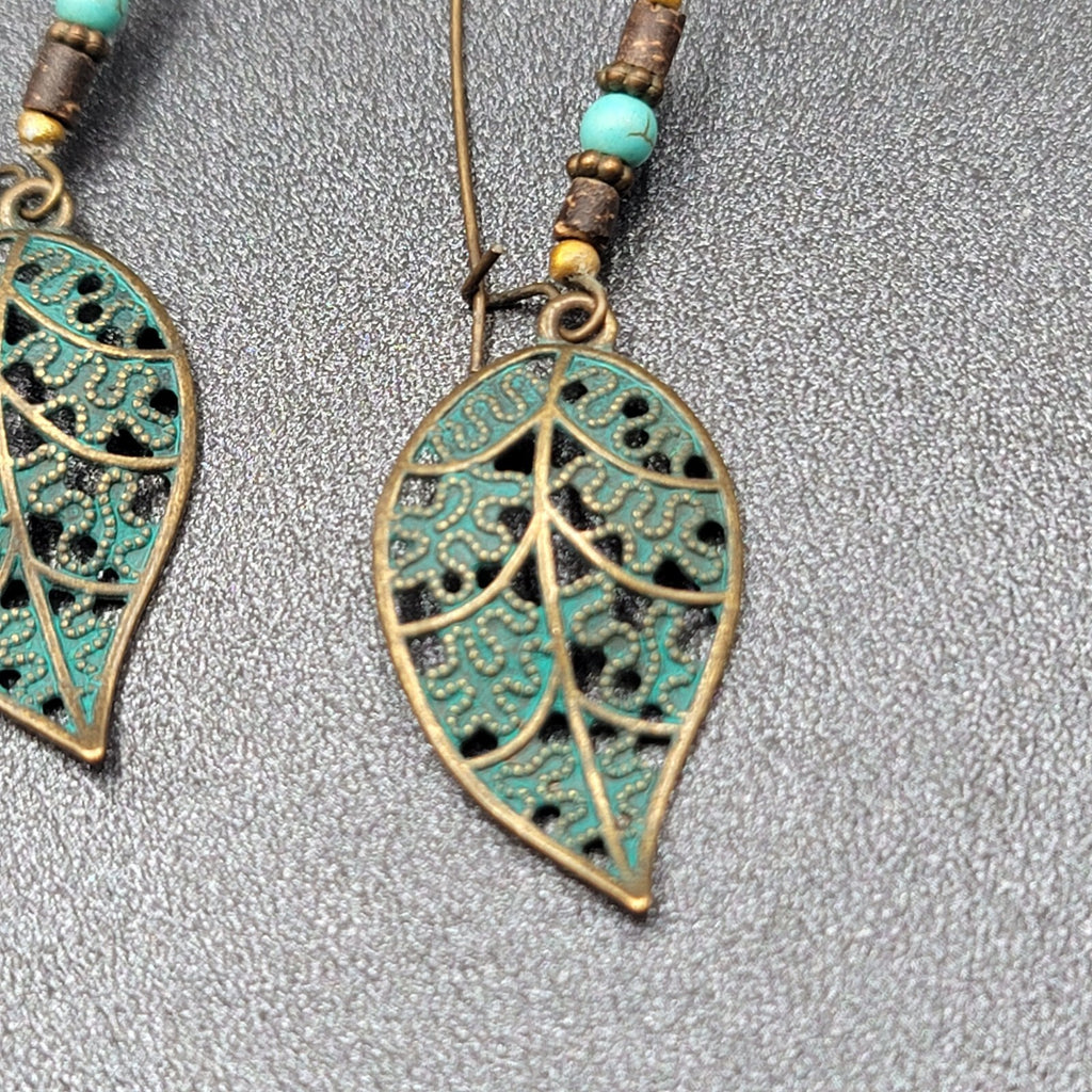 Boho Pierced Earrings Bronze tone Faux Patina Leaf Beaded 2.75"