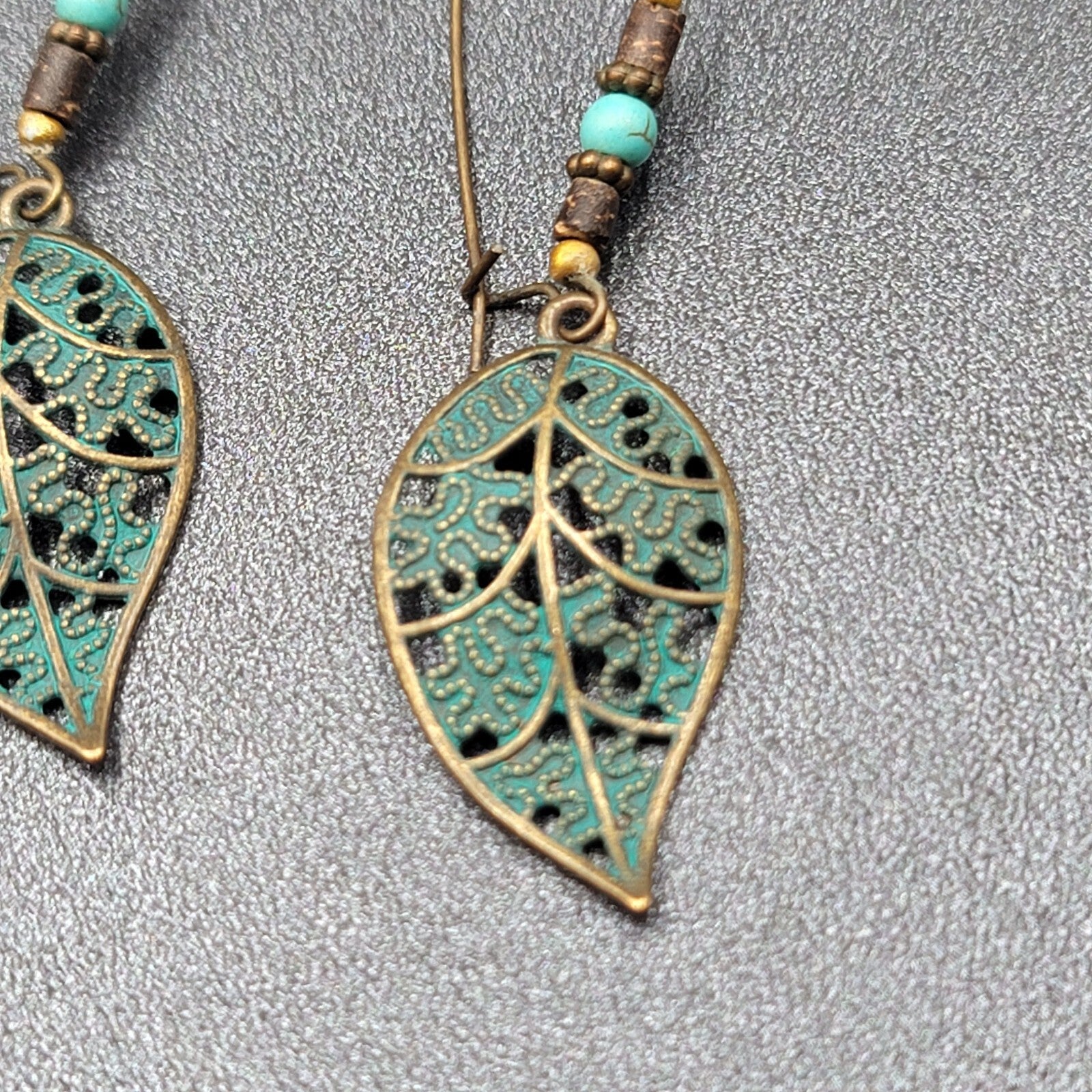 Boho Pierced Earrings Bronze tone Faux Patina Leaf Beaded 2.75"