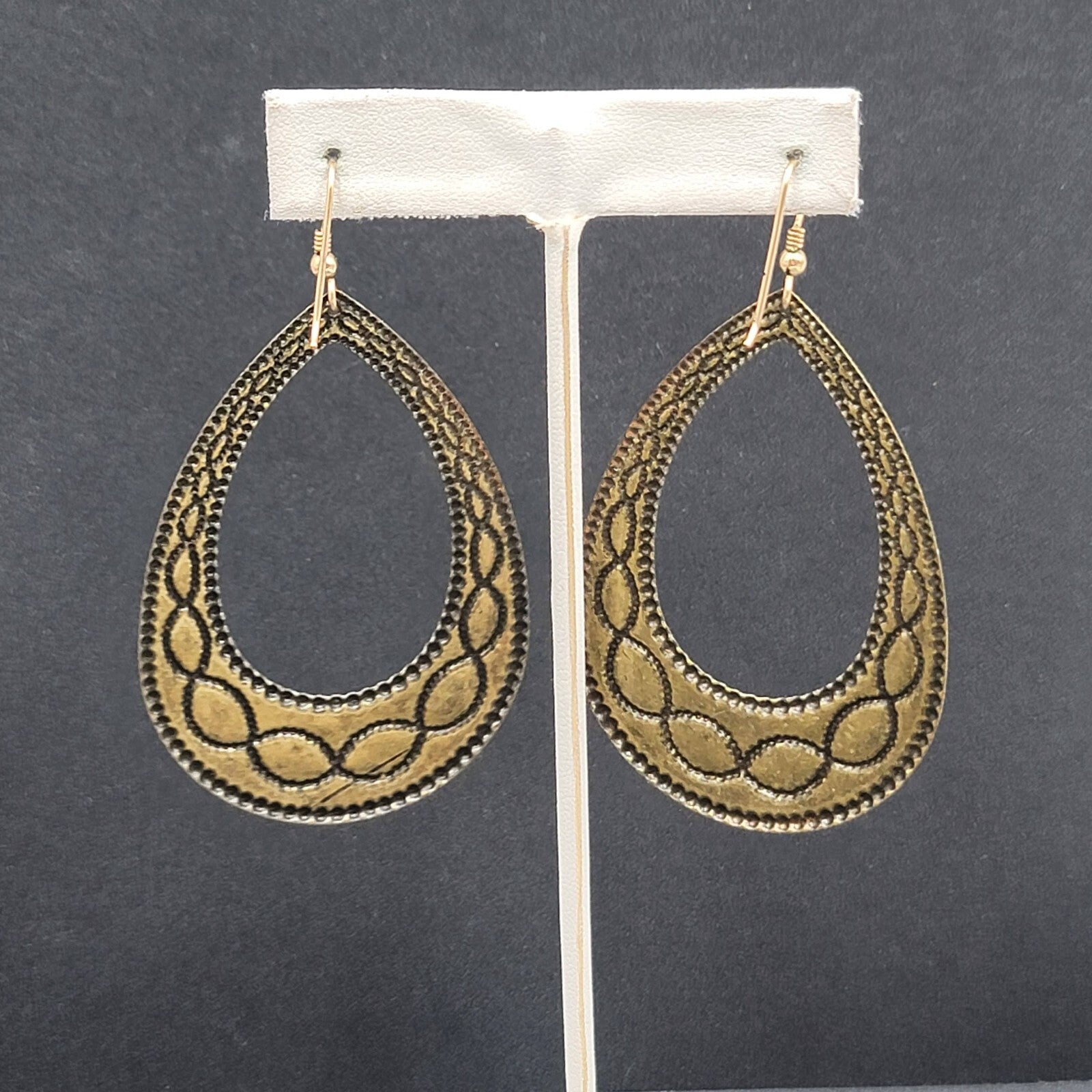 Pierced Earrings Bronze tone Blue Enamel Teardrop Hoops Large Dangle 2.75"