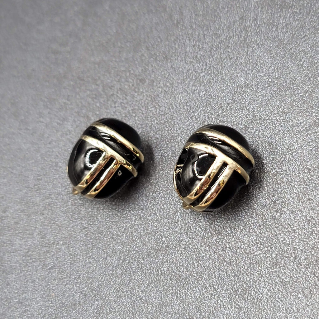 Vintage Clip on Earrings Gold tone Black Enamel Dome Oval Studs 3/4"