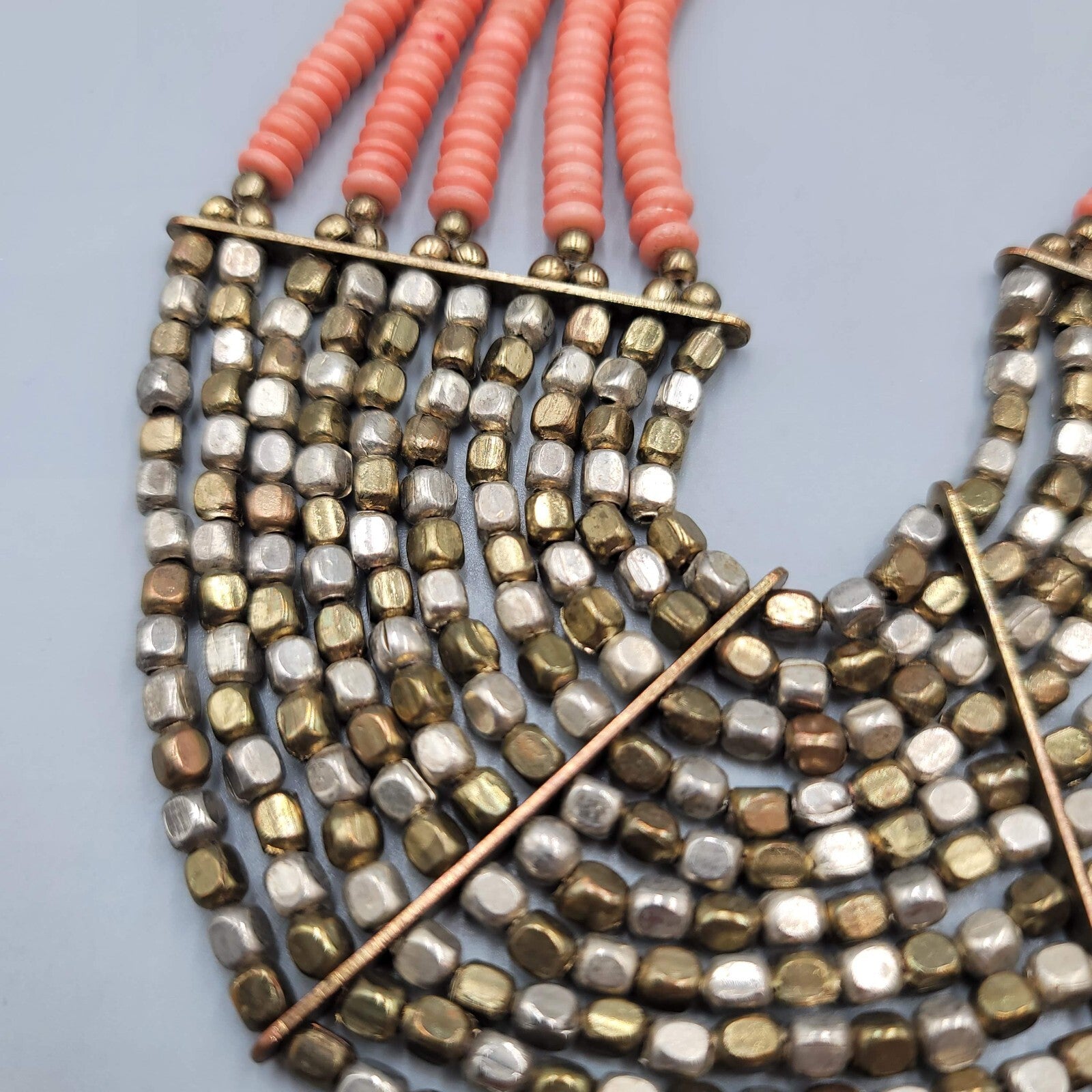 Artisan Faux Coral Bead Bib Boho Necklace Pink Metal Multistrand 20"