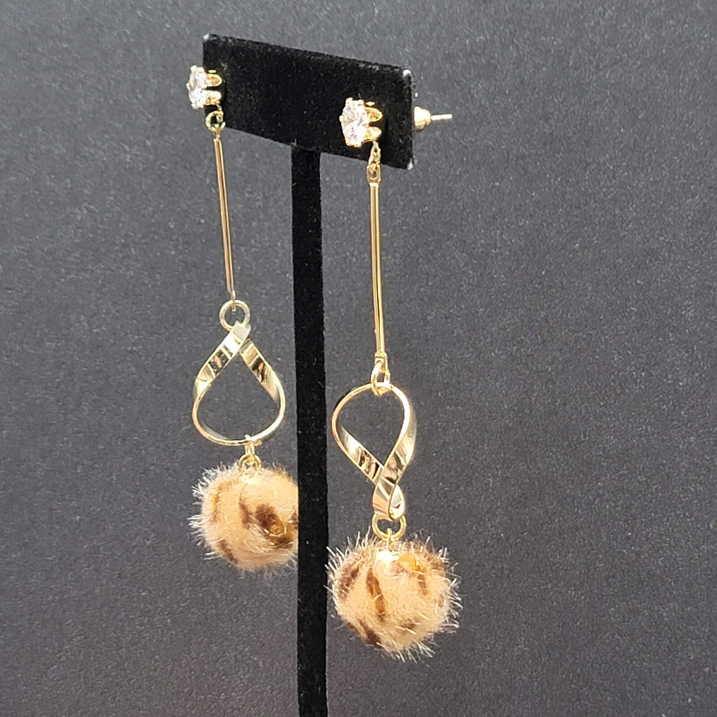 Pierced Earrings Gold tone Crystal Leopard Fuzz Ball Dangle 2.5"