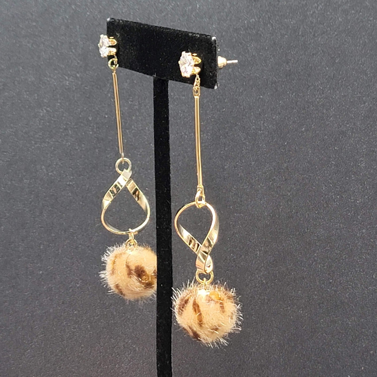 Pierced Earrings Gold tone Crystal Leopard Fuzz Ball Dangle 2.5"
