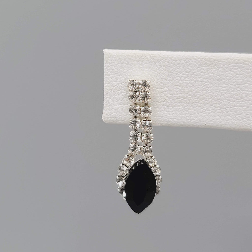 Black Clear Rhinestone Pierced Earrings Silver tone Dangle 1"