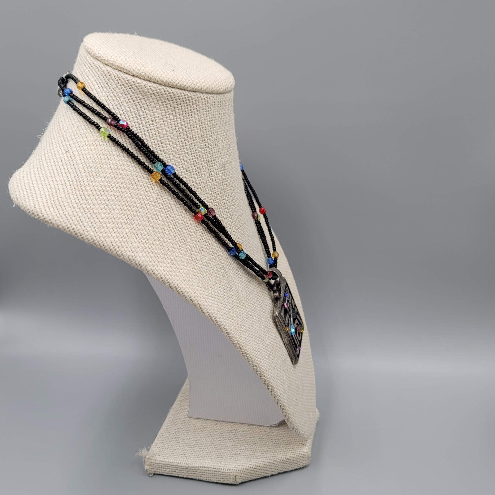 Chicos Necklace Multi color Rhinestones Black Seed Bead 16"