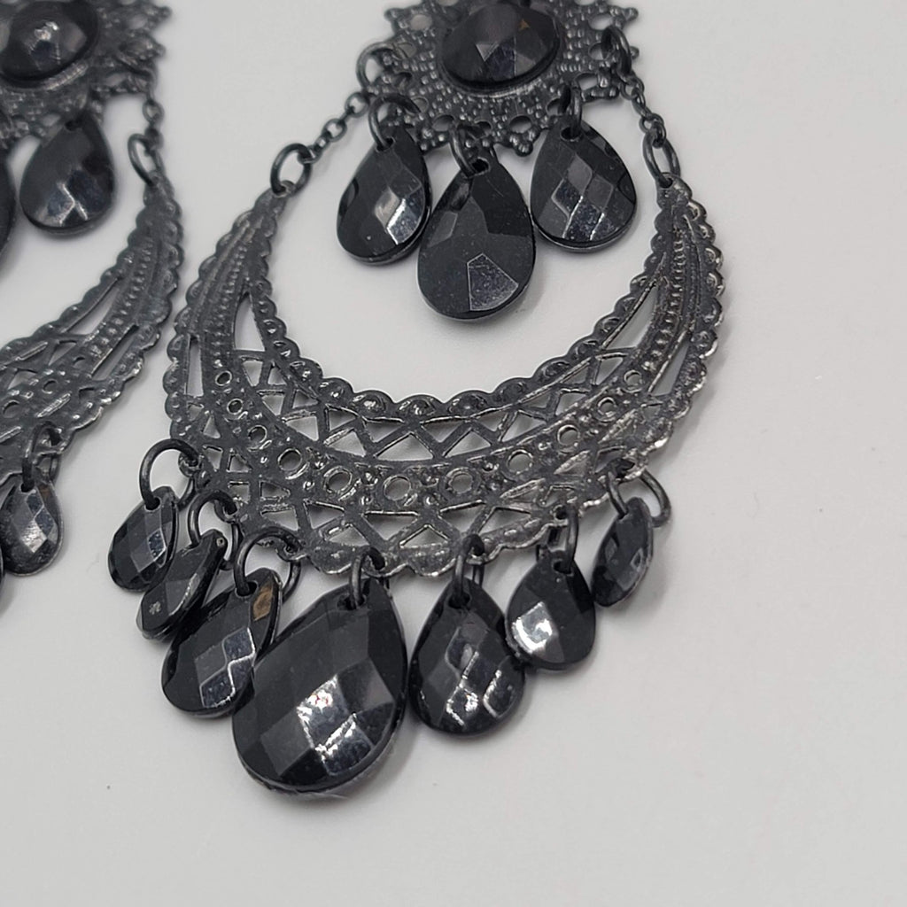 Black Enamel Chandelier Pierced Earrings Beaded Dangle LONG 4"